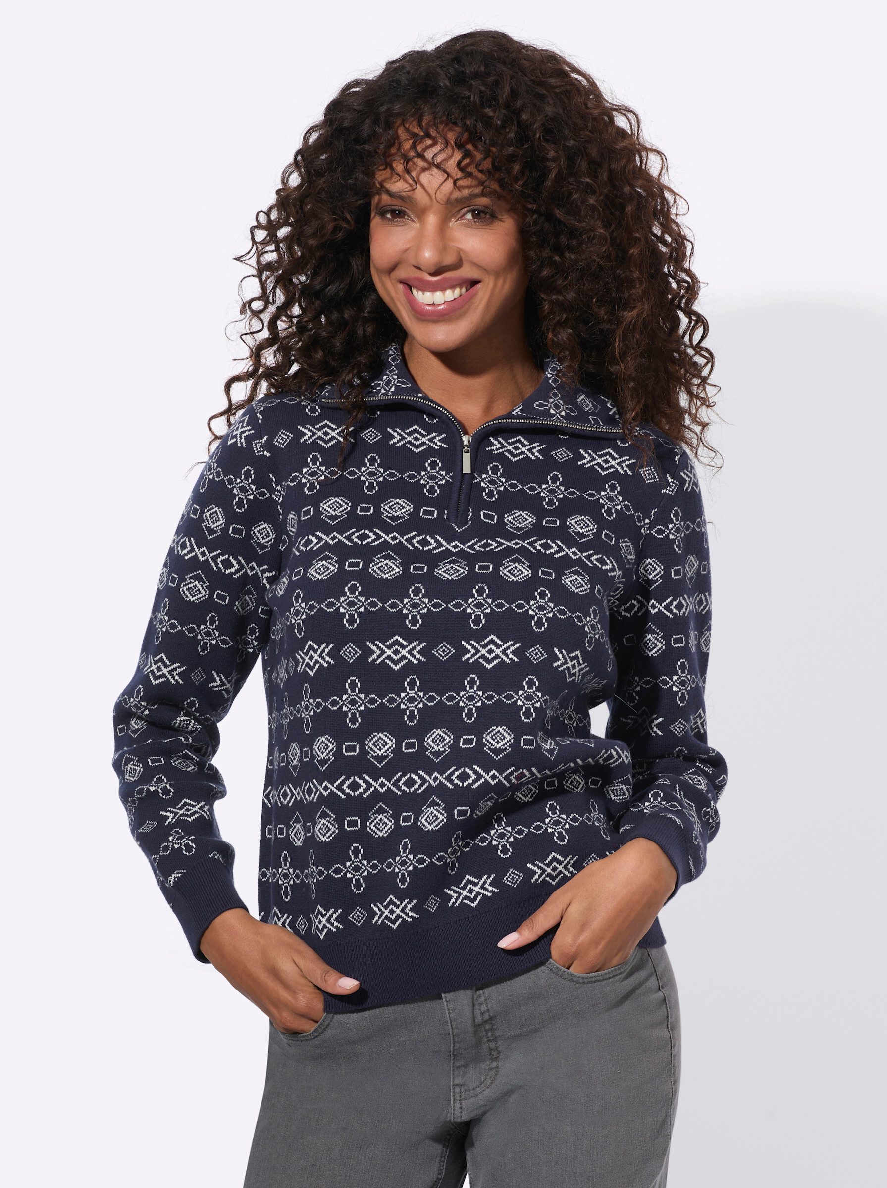 Strickpullover Troyer Langarm Jacquard