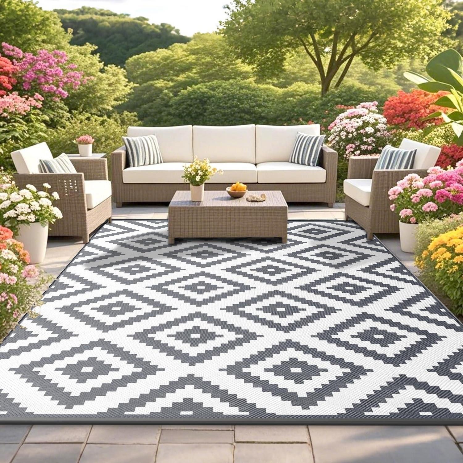 LuxusKollektion Outdoorteppich Outdoor Teppich Wendbar 120x180 Grau/Weiss, rechteckig, Höhe: 5 mm