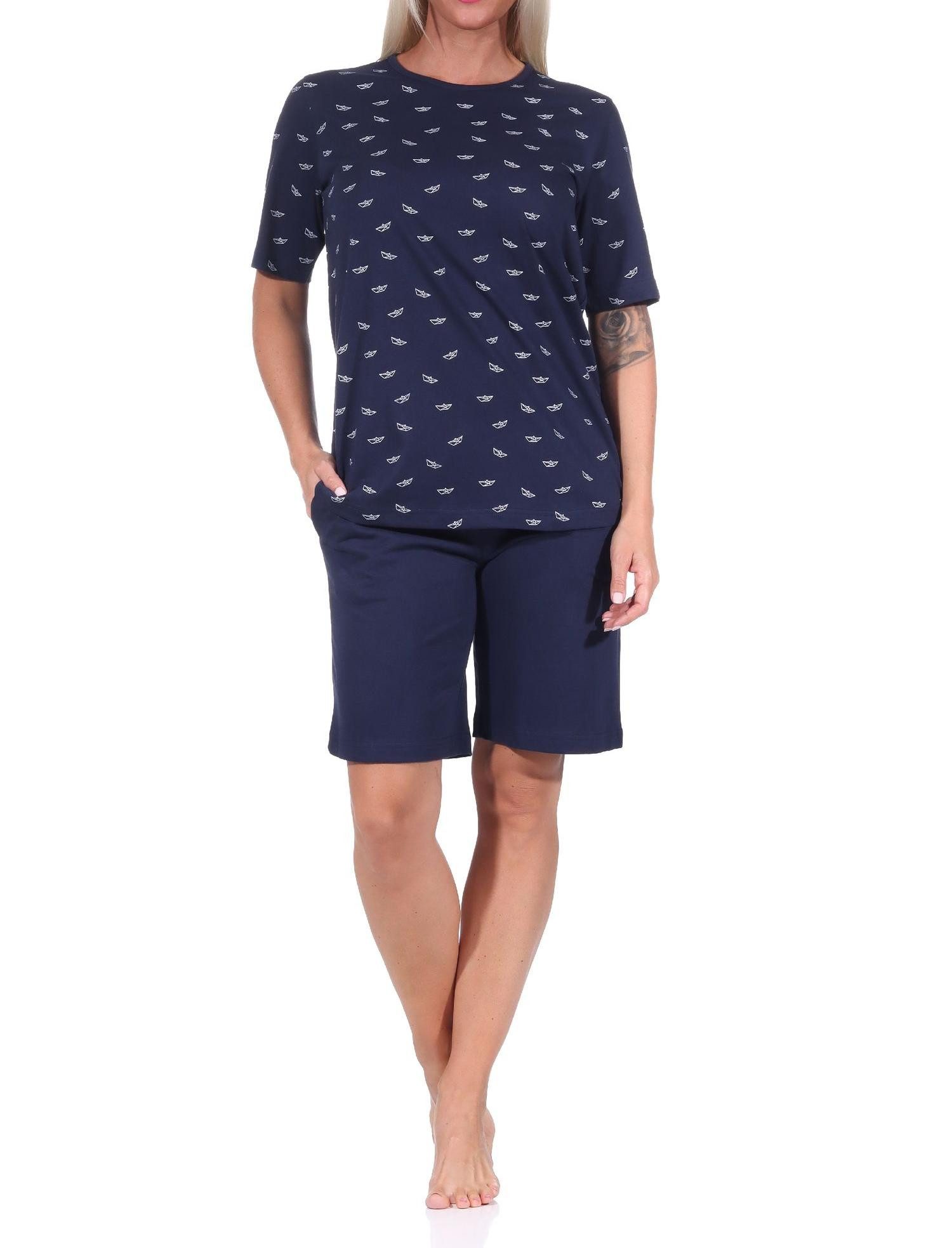 Pyjama Damen kurzarm Schlafanzug Shorty Pyjama in maritimer Optik
