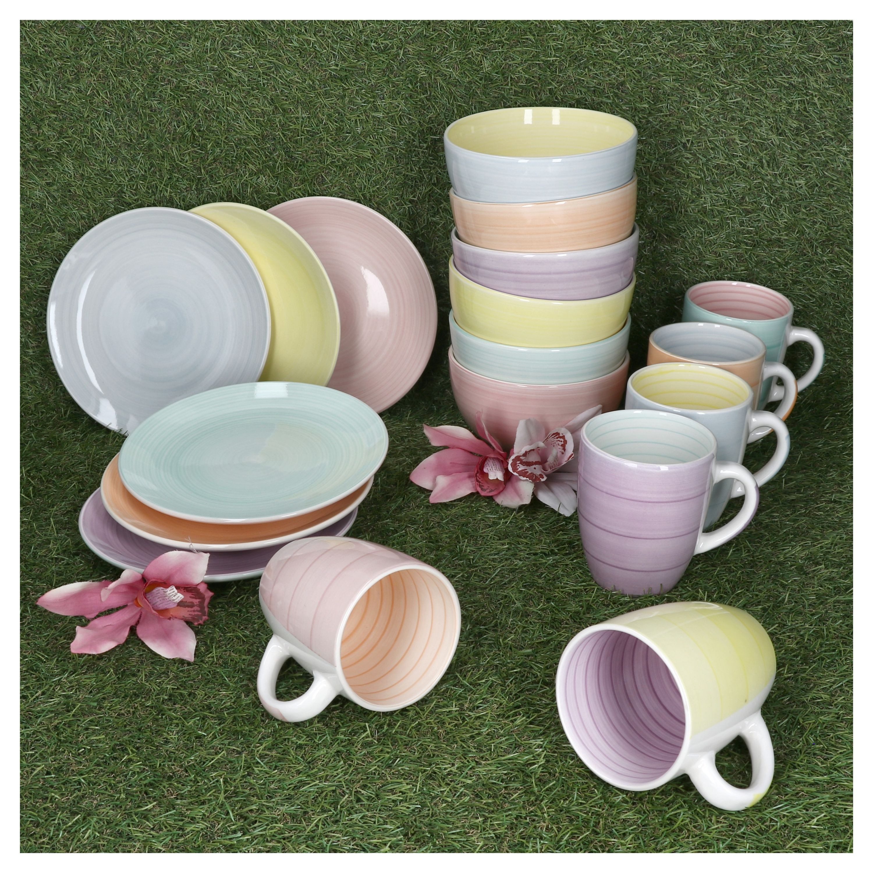 MamboCat Frühstücks-Geschirrset 18tlg Frühstücksset Pastello Steingut pastell-Farben Teller Becher, Steingut – Bild 5 von 5