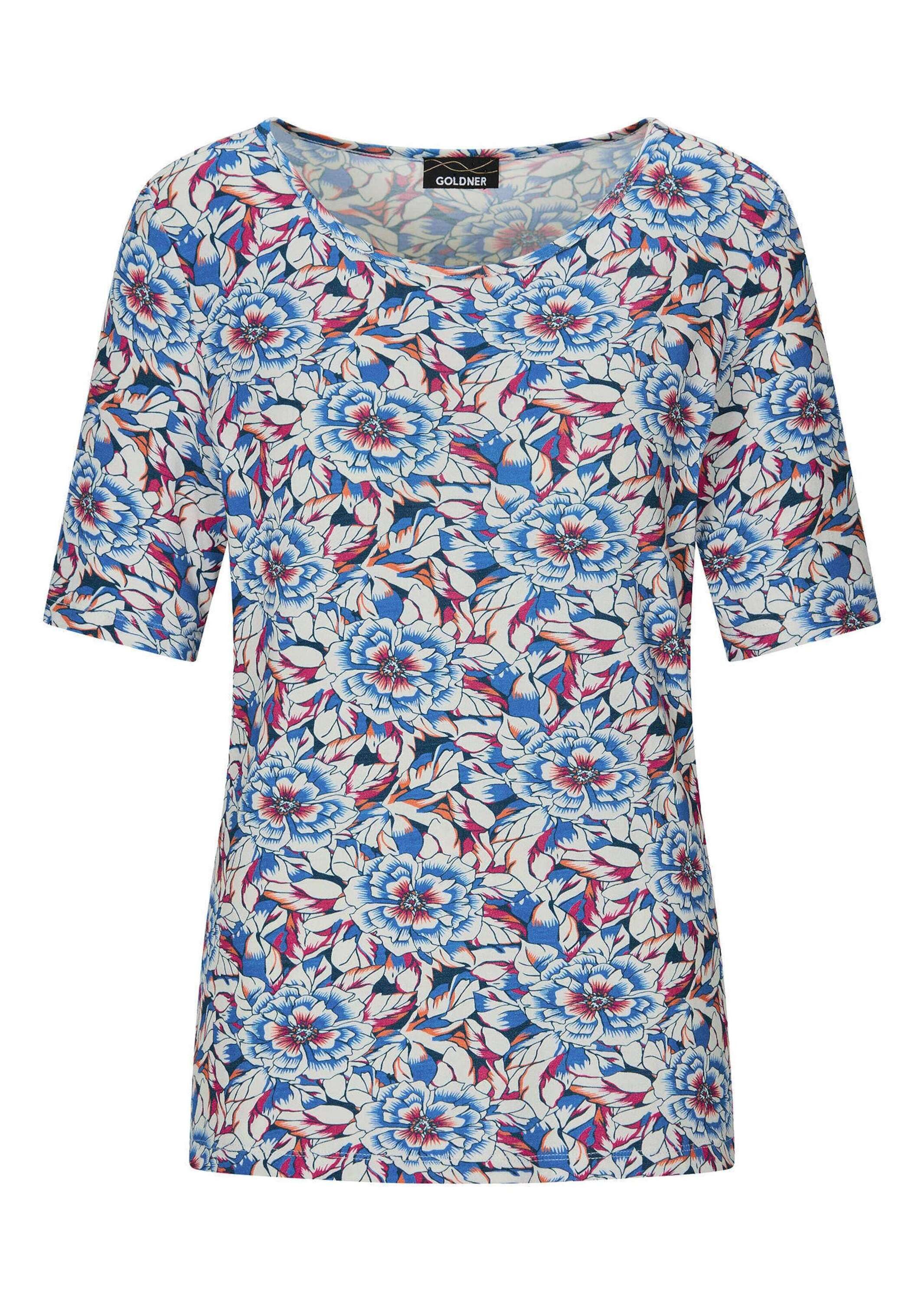 GOLDNER T-Shirt Cityshirt mit floralem Design Viskoseshirt mit schmalem U-Boot-Ausschnitt und Halbarm