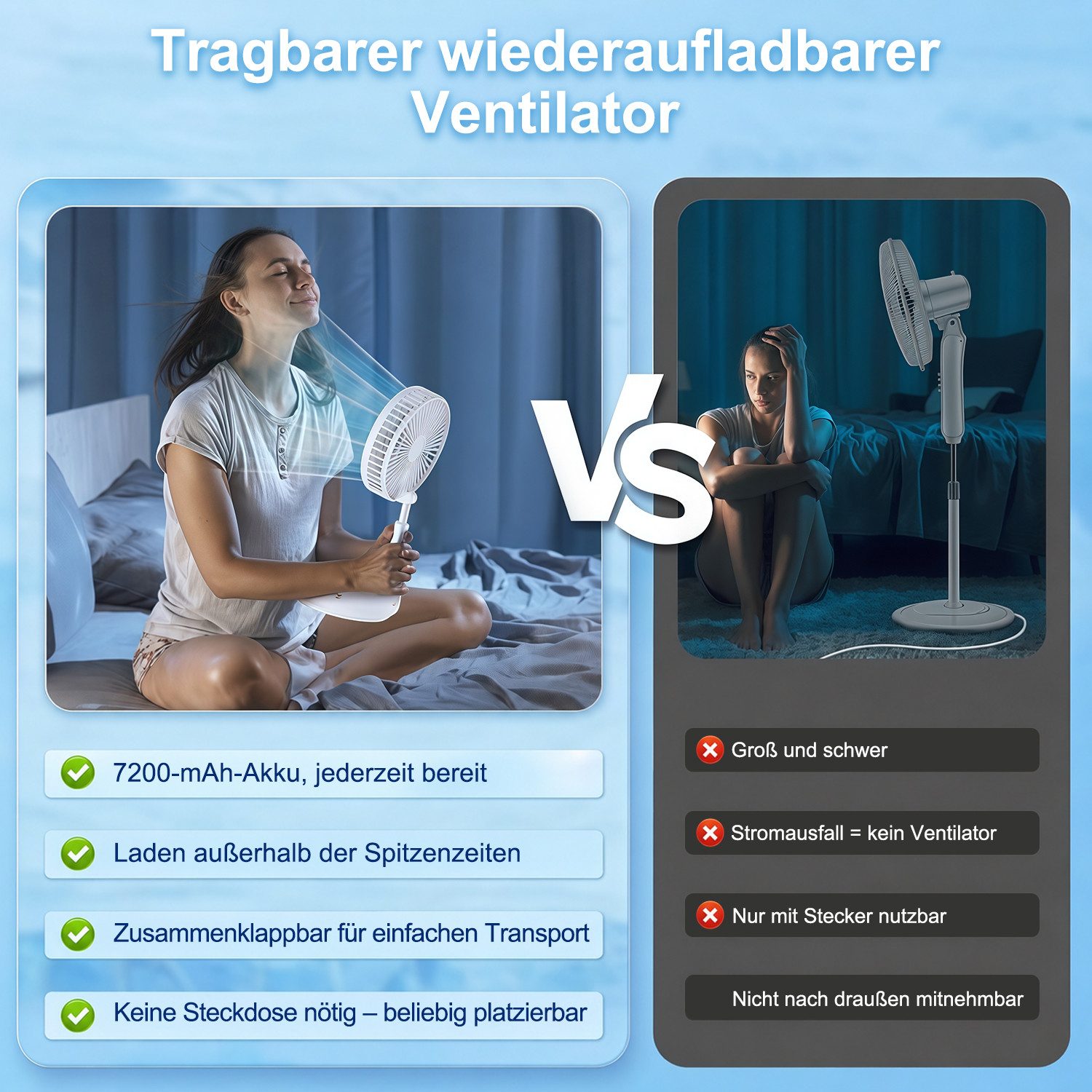 MOPUEA Standventilator Akku-Standventilator Faltbar Höhenverstellbar Fernbedienung Tragbar, Faltbar höhenverstellbar leise Akku Fernbedienung – Bild 5 von 5