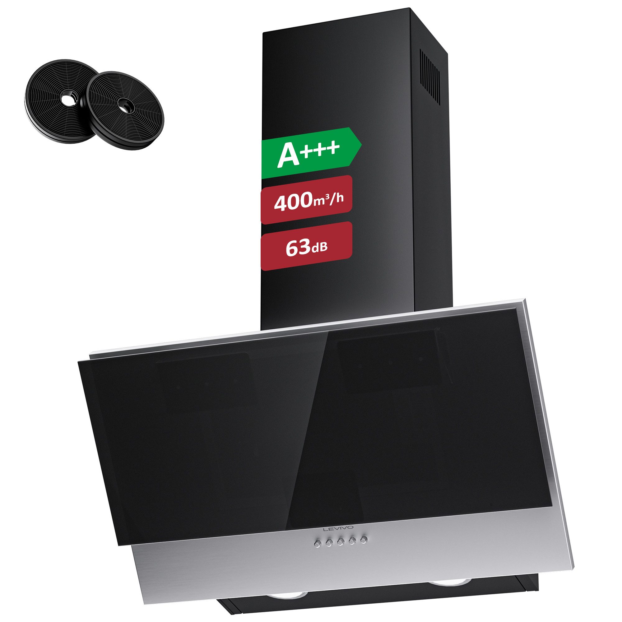 Levivo Kopffreihaube A+++ 400 m³/h Dunstabzugshaube 60cm Umluft & Abluft A+++ 400 m³/h Dunstabzugshaube 60cm Umluft & Abluft, Aktivkohlefiltern, Fettfiltern, LED-Beleuchtung
