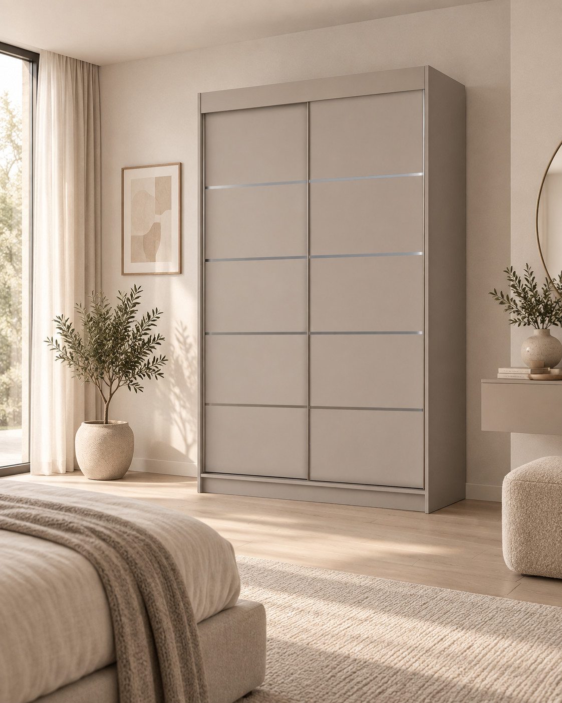 MOEBLO Schiebetürenschrank LINDHOLM 120 (120 cm breit mit 2 Schiebetüren, 6 geräumigen Einlegeböden und praktischer Kleiderstange) (BxHxT): 120 x 200 x 58 cm