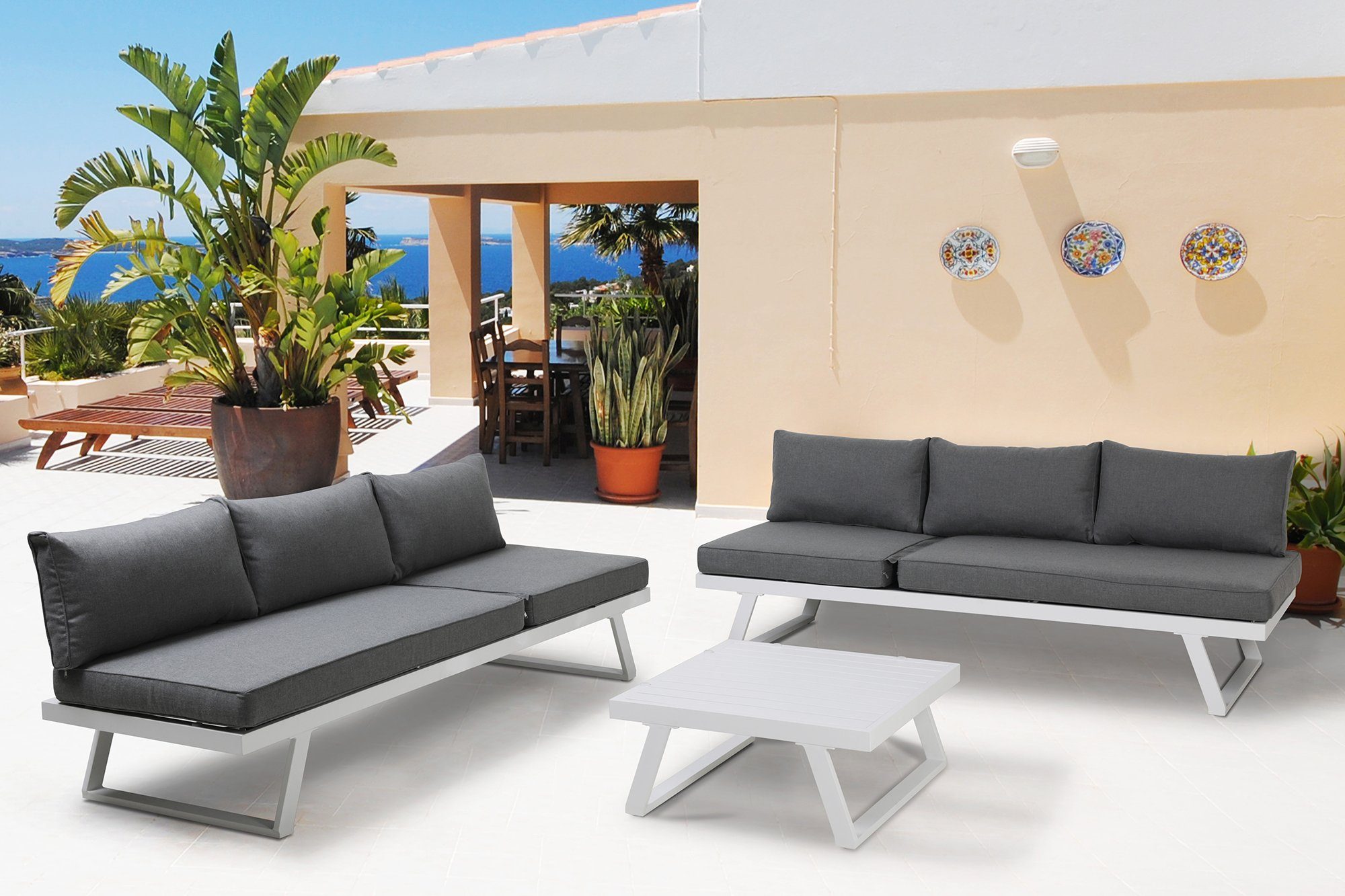 TPFGarden Gartenlounge-Set Yala - Outdoor Sitzgruppe für bis zu 7 Personen, (Moderne Gartengarnitur aus Stahl, Polyholz und Polyester, 14-tlg., 1 Ecksofa (2 Einzelsofas), 1 Couchtisch, 7 Rückenkissen, 4 Sitzpolster), Gartenlounge Sitzgruppe, Outdoor Gartenmöbel-Set, anthrazit, grau