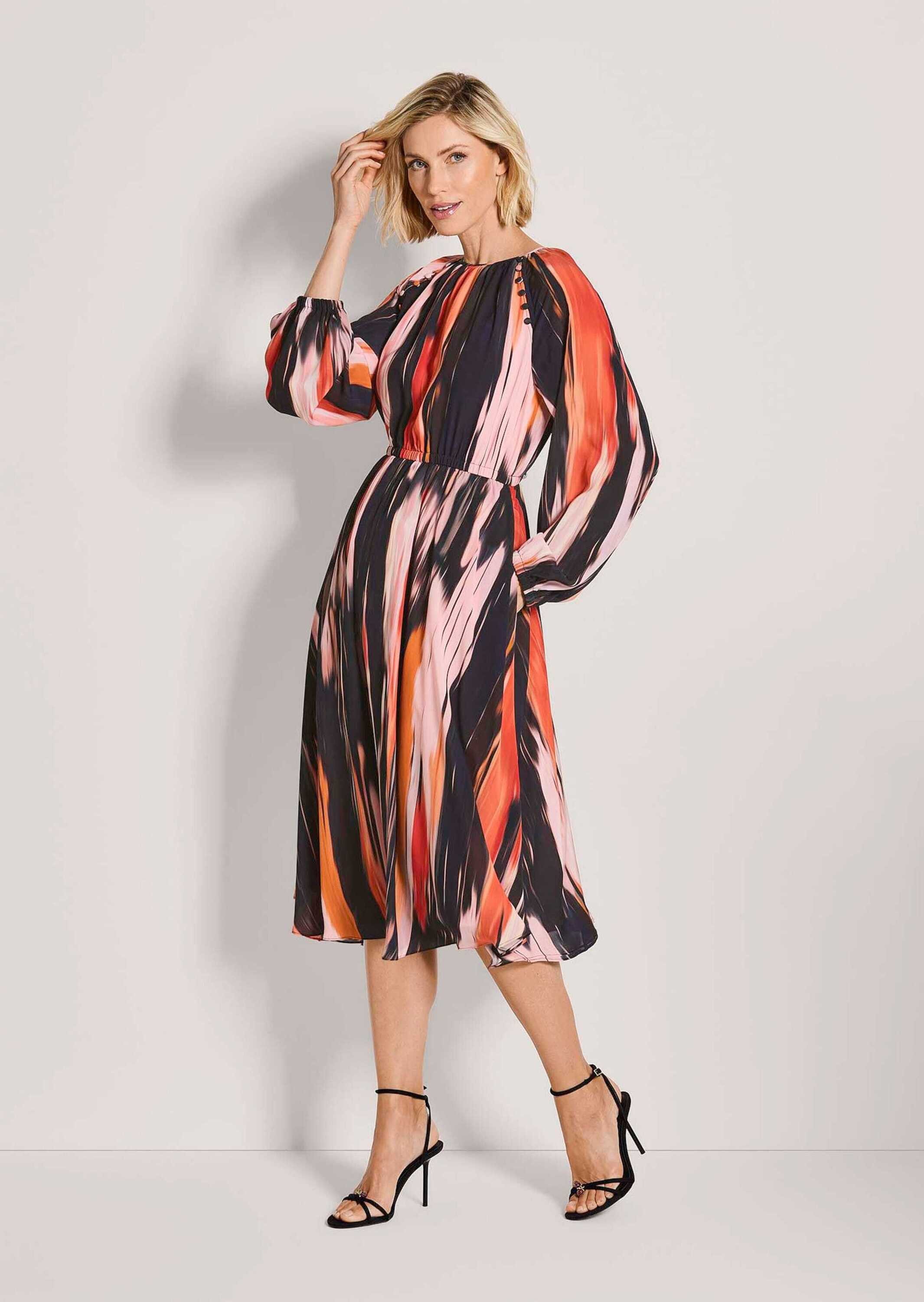 MADELEINE Midikleid Viskosekleid mit Streifenmuster Sommerkleid mit elastischer Taille, Rundhals, Knielänge und Langarm