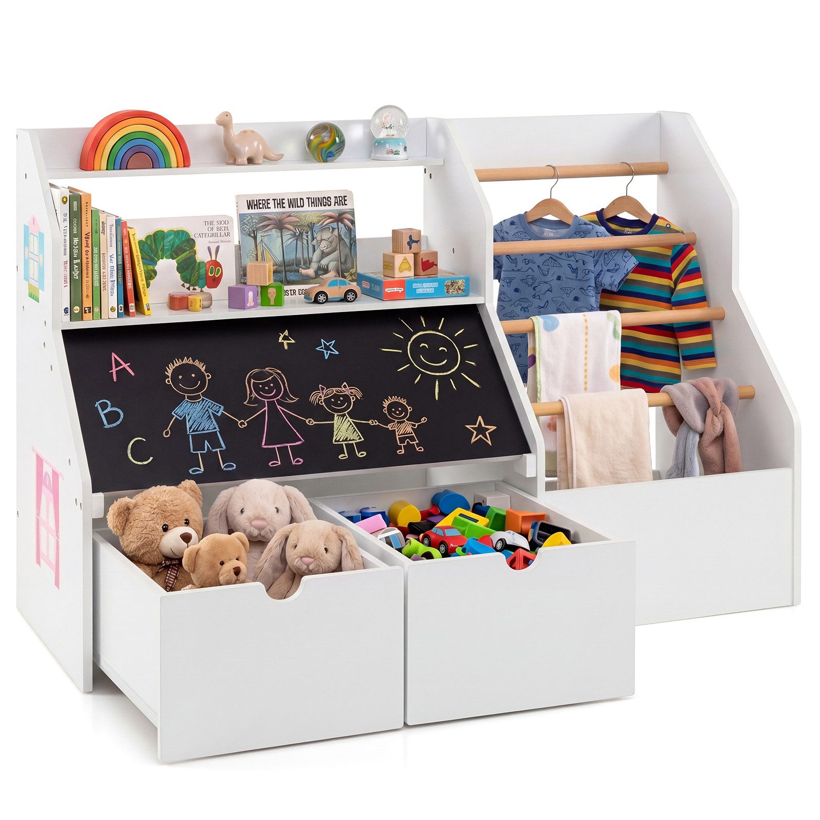 COSTWAY Kinderregal Bücherregal mit Kleiderstangen, Tafel, Schubladen