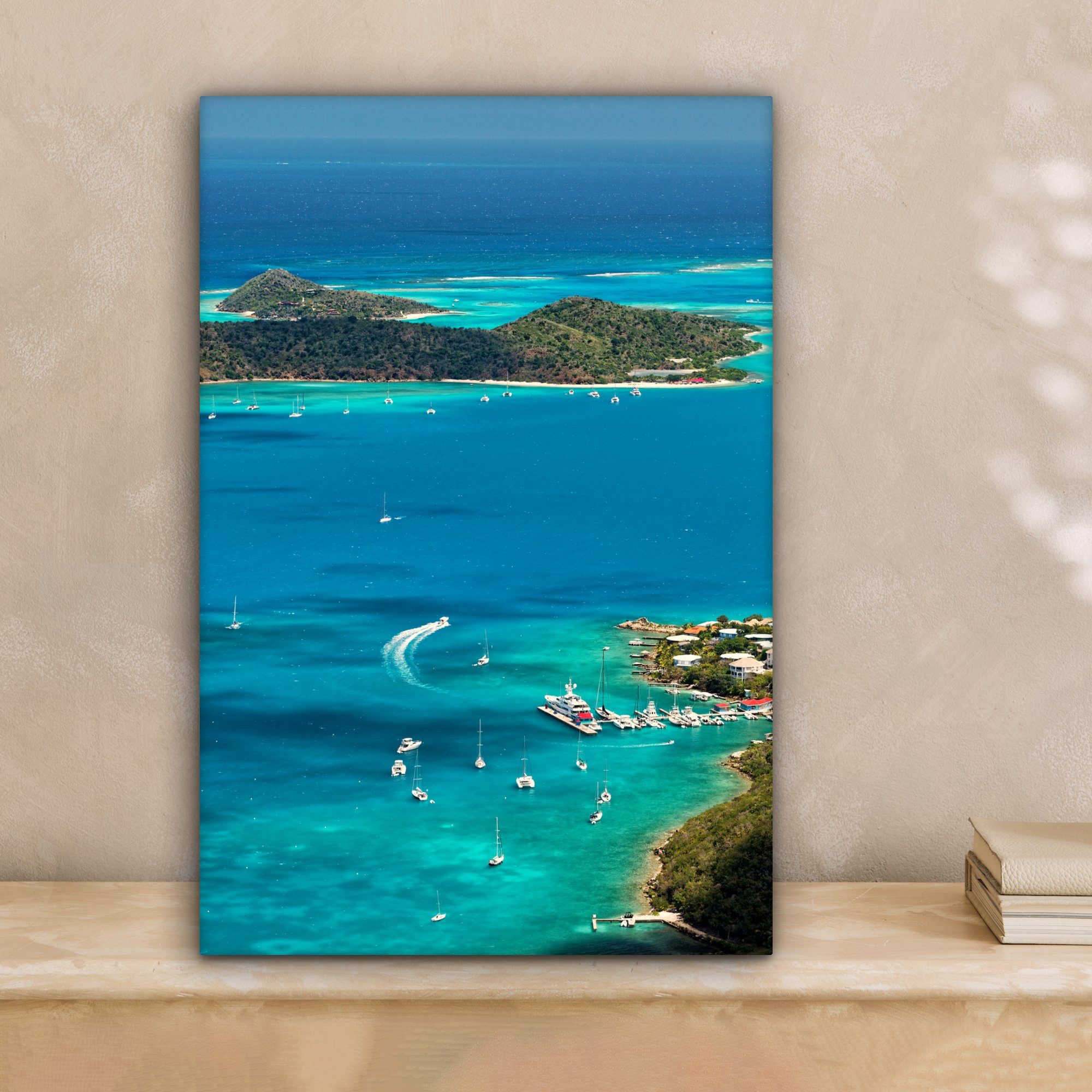 Karibischer inkl. Leinwandbild 20x30 bespannt Hafen, cm Leinwandbild fertig Gemälde, St), Zackenaufhänger, (1 OneMillionCanvasses®