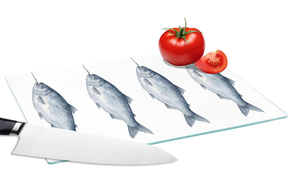 MuchoWow Schneidebrett Fisch - Illustration - Delfter Blau, Glas, Schneidebrett Glas, Küchenbrett, Rutschfest, 28x20 cm