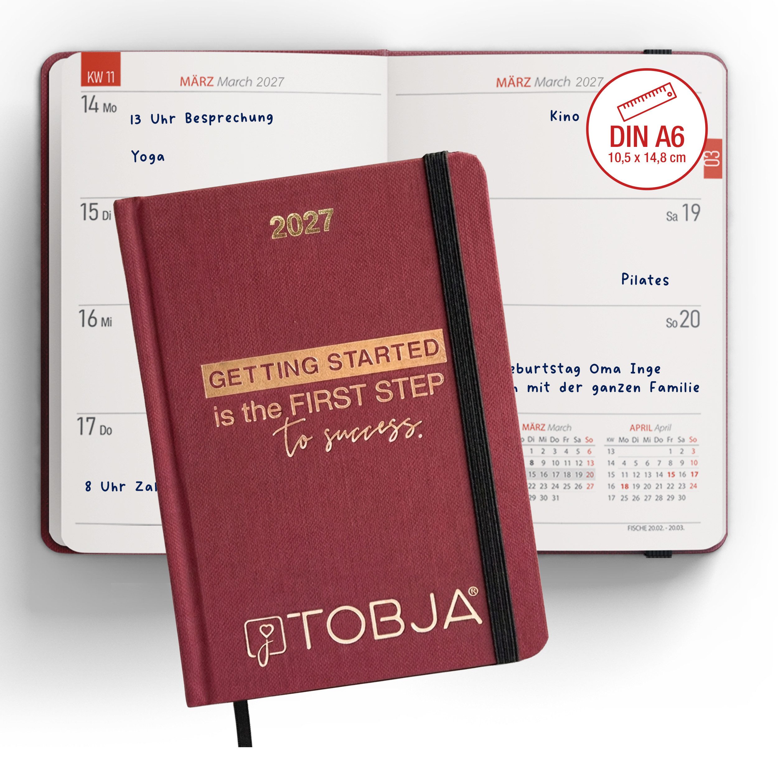 TOBJA Taschenkalender Taschenkalender 2027 A6 Bordeaux Goldprägung 1 Woche 2 Seiten FSC, Goldfolienprägung, 2 Lesebändchen, Gummiband, FSC, A6