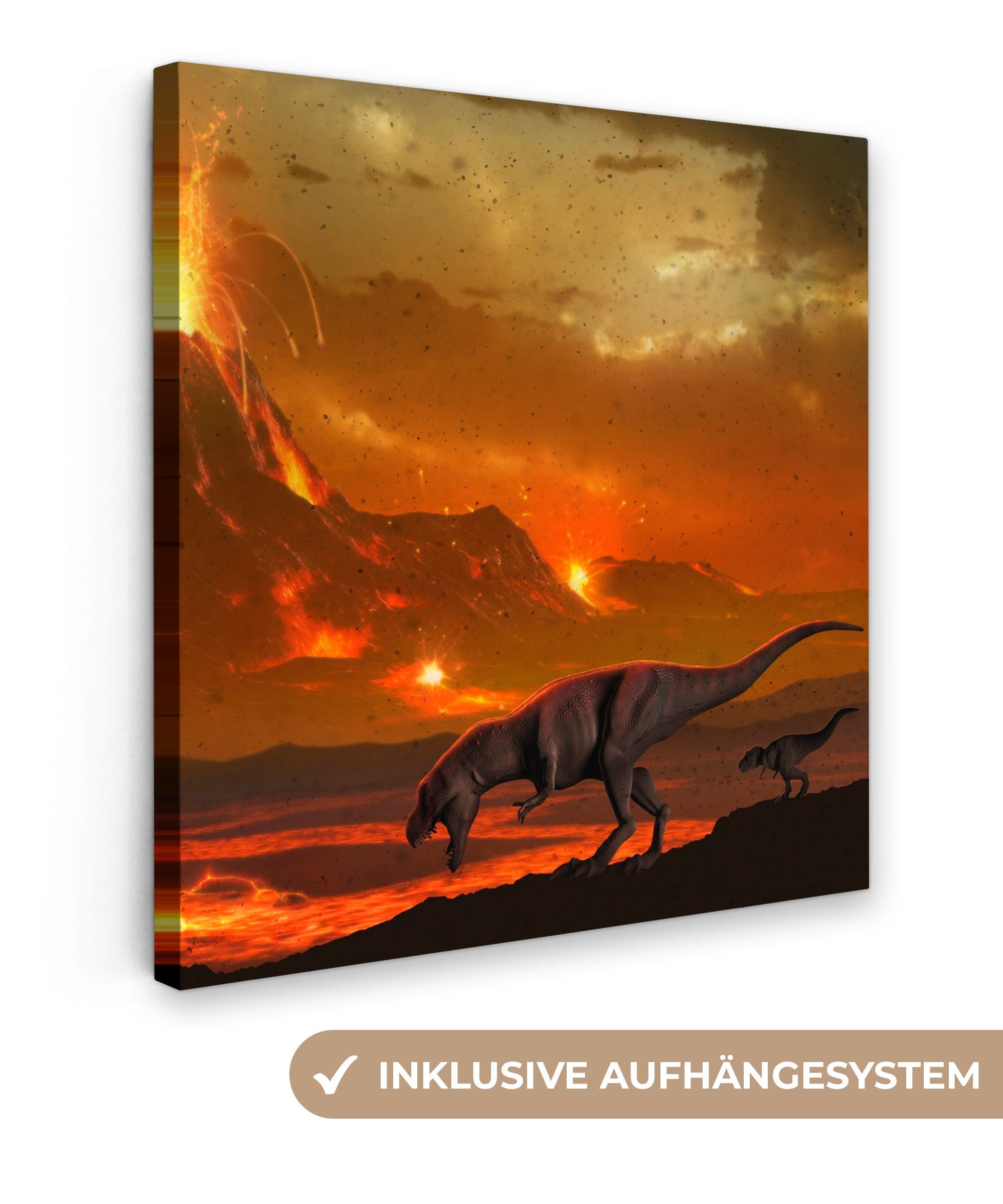 OneMillionCanvasses® Leinwandbild Dino - Vulkan - Lava - Illustration - Jungen - Kinder, Fotodruck (1 St), Wandbild, Deko Schlafzimmer Wohnzimmer Flur 20x20 cm