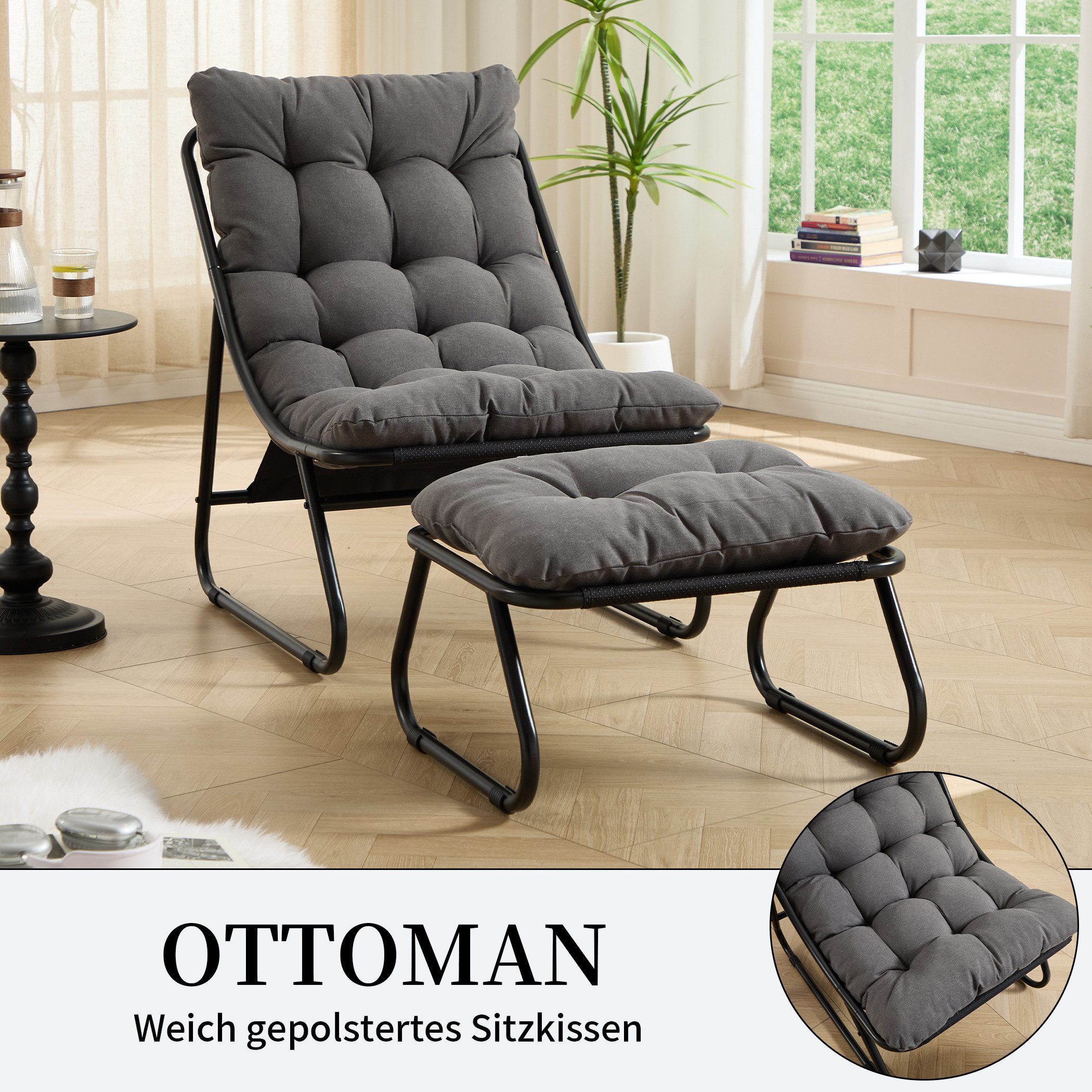SeedWave Loungesessel mit Ottoman Liegestuhl Stahlgestell Gartenstuhl mit Trennbaren Pölster (bestehend aus Sessel und Hocker), Outdoor Terrassenstuhl für Garte – Bild 5 von 5