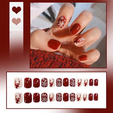 KIKI Kunstfingernägel Rote kurze Schneeflocke, 24 Stück, künstliche Nägel, für Frauen, 1-tlg.