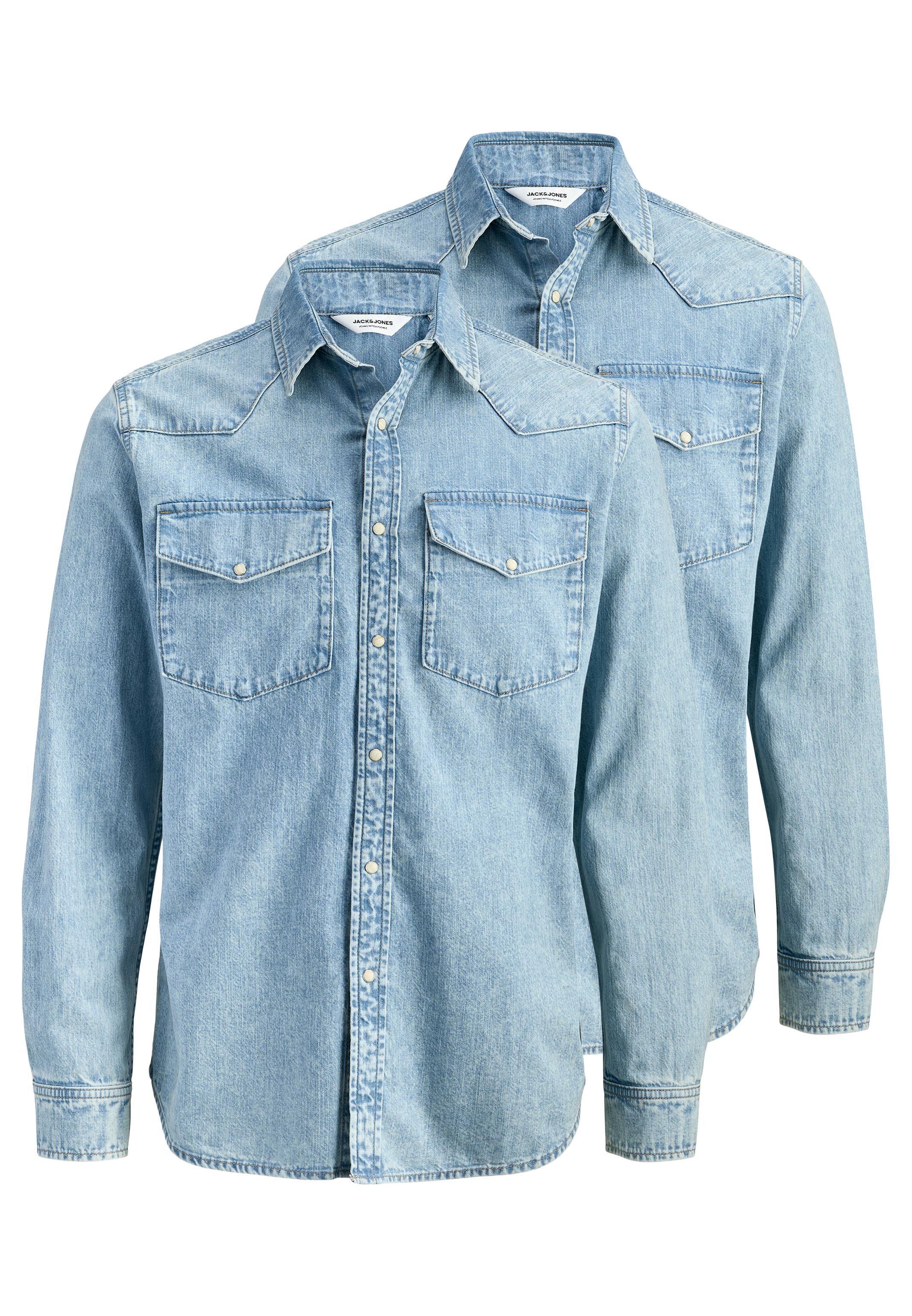 Jack & Jones Jeanshemd 2er Pack Western (Spar-Set, 2-tlg) Jeanshemd - Baumwolle - Atmungsaktiv - Praktische Druckknöpfe