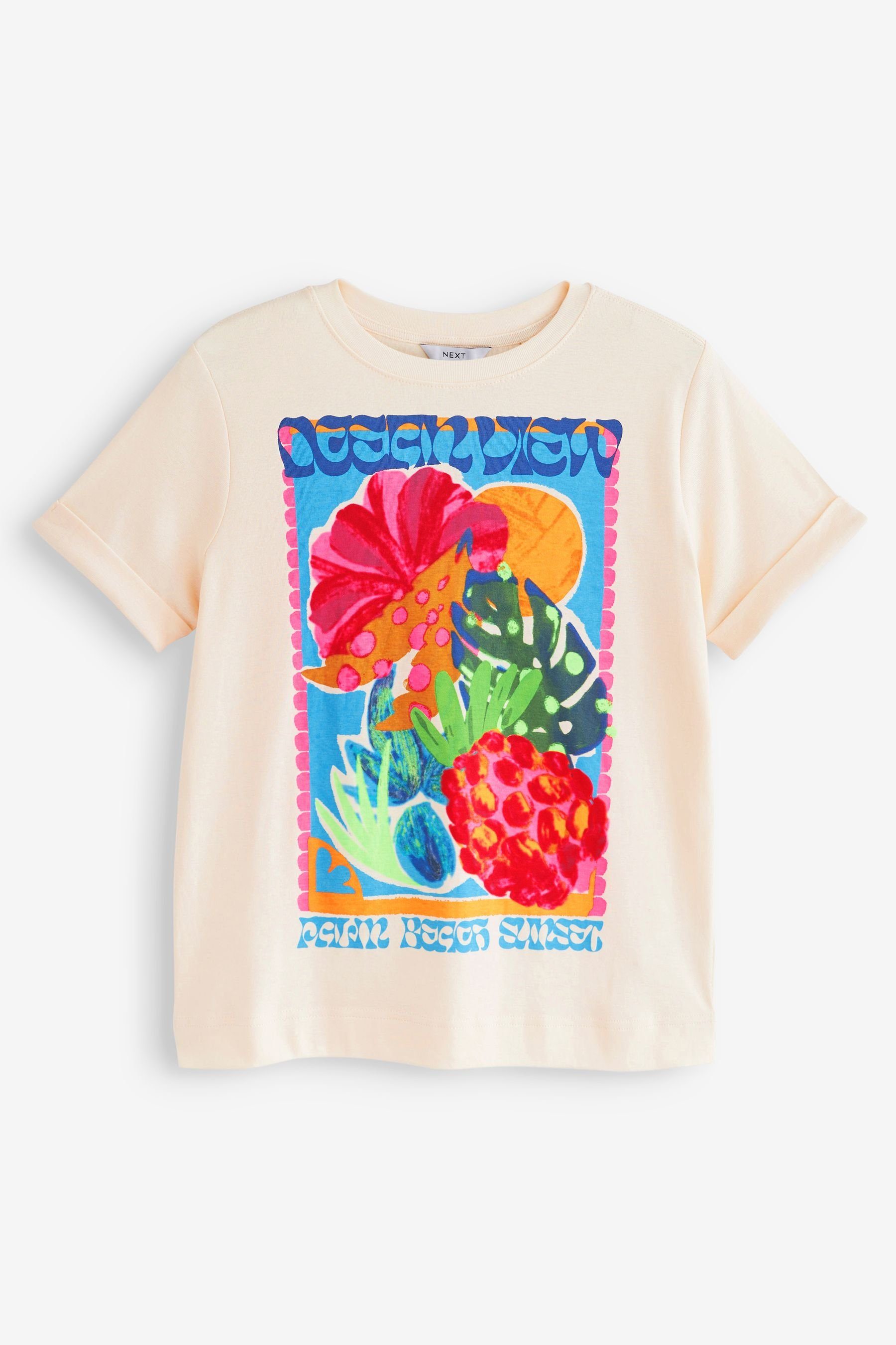 Kurzärmliges (1-tlg) mit Rundhalsausschnitt Next Bright T-Shirt Palm Ecru T-Shirt Cream