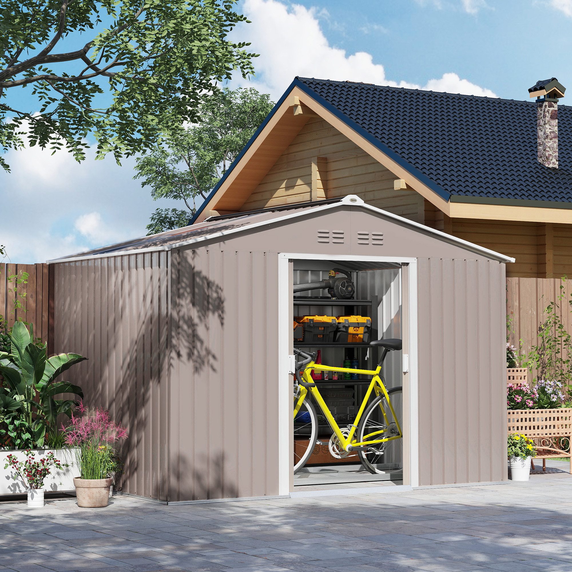 CHICFURN Gerätehaus Verzinkter Stahl-Gartenschuppen mit Satteldach und Fundament, BxT: 277,00x195,00 cm, (Packung, 1 St), Abschließbare Schiebetür, Gartenhaus, Hellgrau, 277 x 195 x 192 cm