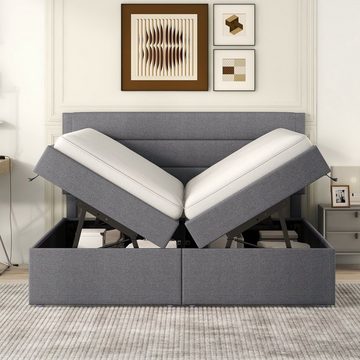 EXTSUD Polsterbett Gepolstertes Doppelbett mit Metalllattenrost, viel Stauraum, Aufklappbare Seiten, grau, 200x140cm