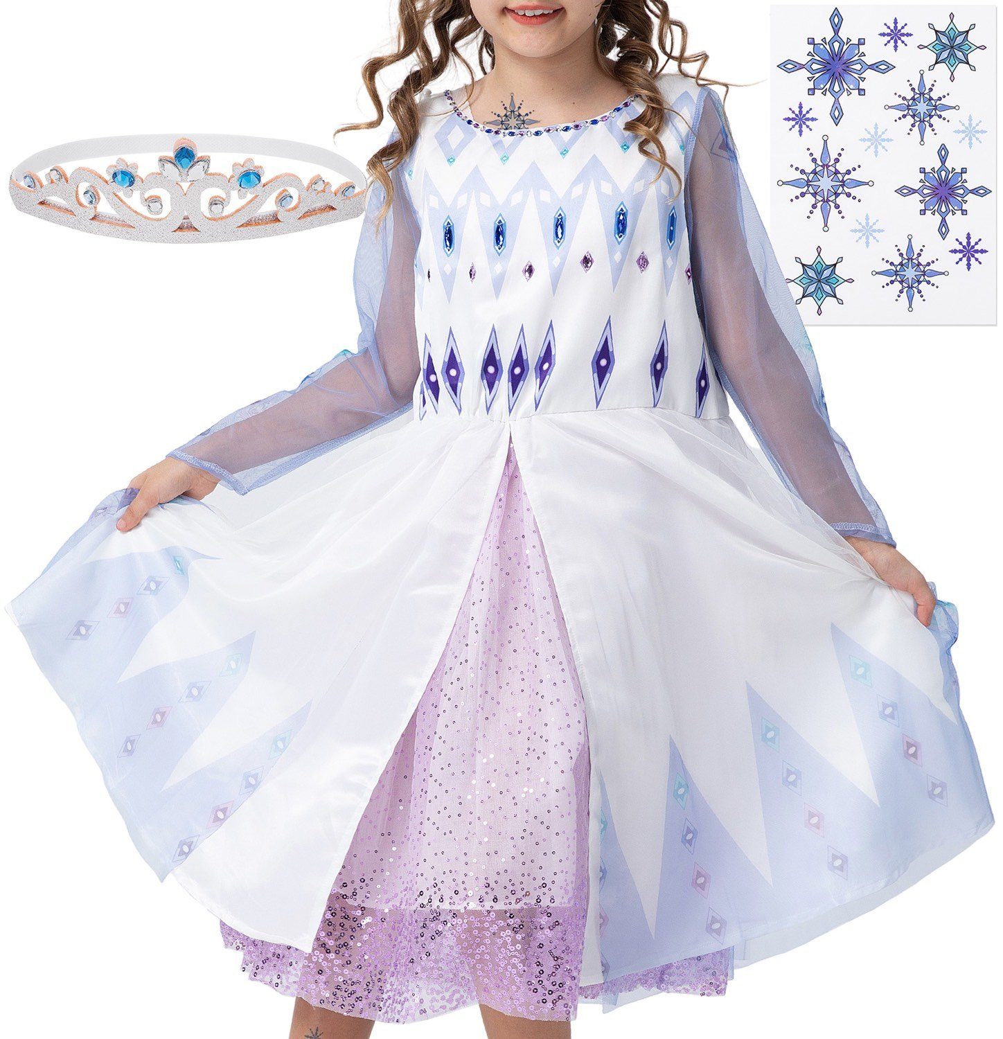 Corimori Prinzessin-Kostüm Eiskönigin Kleid für Elsa Fans, Set für Kinder, Prinzessinenkleid für Fasching, Karneval hellblau-weiß, Größe 140/146