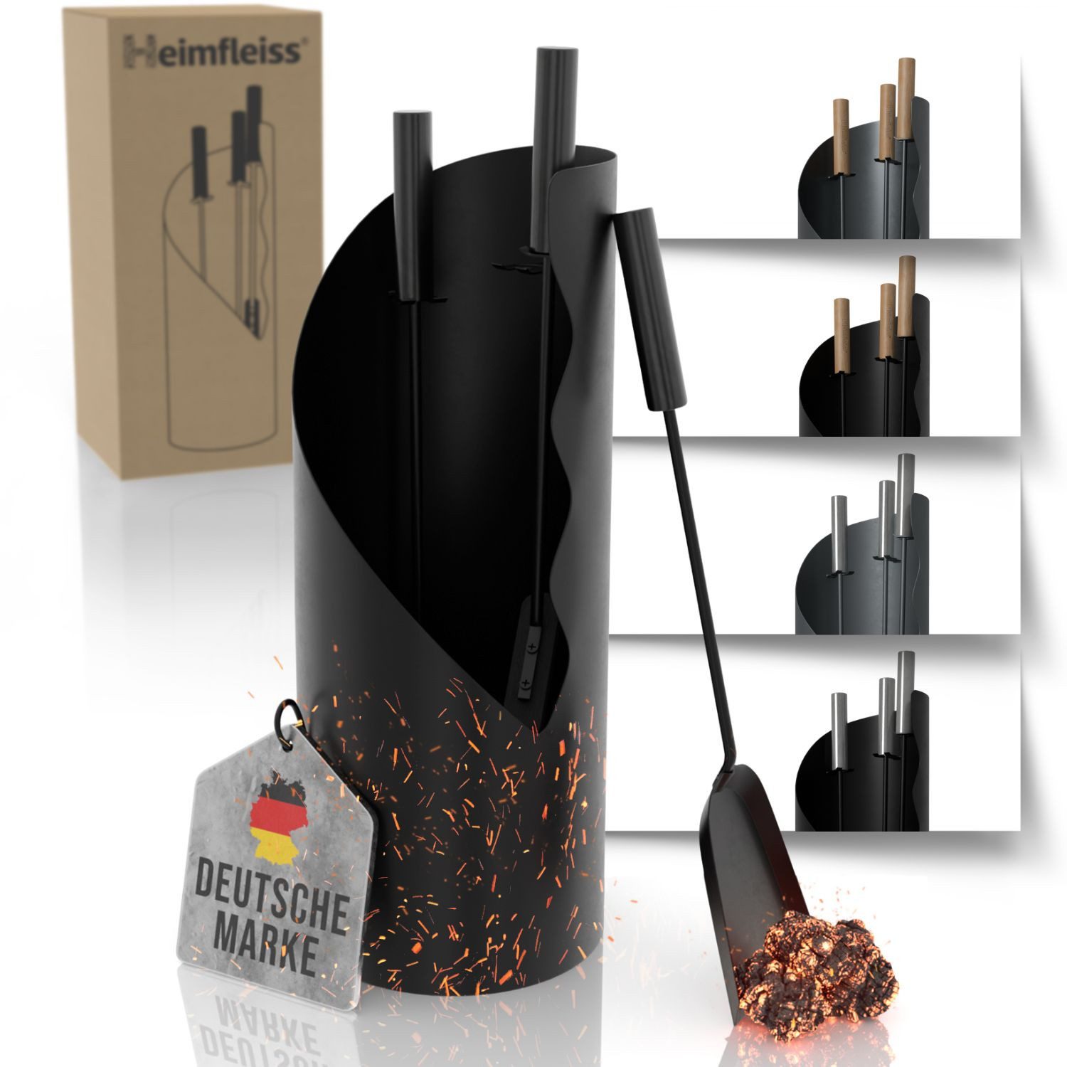 Heimfleiss® Kamingarnitur Modernes Kaminbesteck aus Stahl & Holz – 3-teilig oder 4-teilig, Elegantes Kaminzubehör mit Schaufel, Besen & Schürhaken, Stilvoll