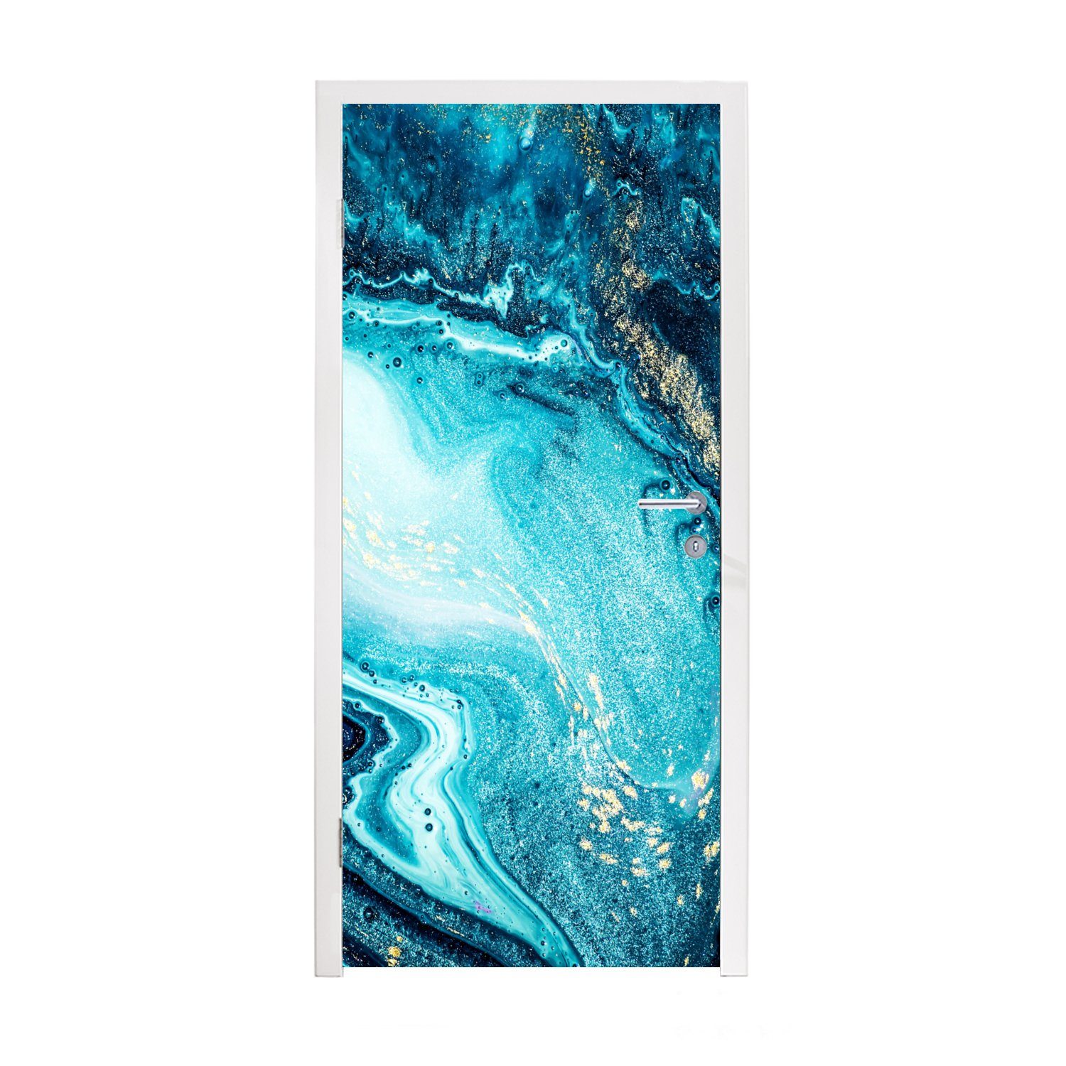 MuchoWow Türtapete Marmoroptik - Blau - Gold - Luxe - Glitzer - Marmor, Matt, bedruckt, (1 St), Fototapete für Tür, Türaufkleber, 75x205 cm