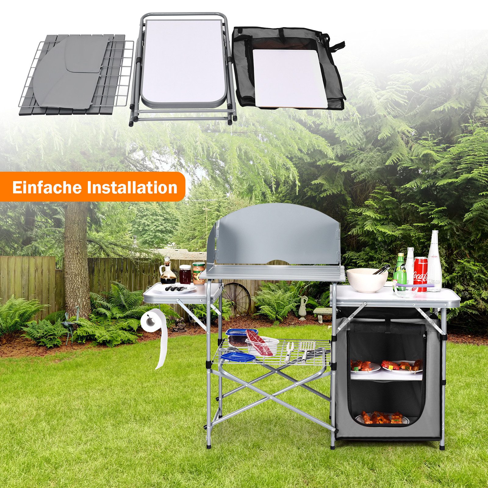 KOMFOTTEU Campingschrank faltbare Campingküche mit Ablage, Windschutz & Tragetasche