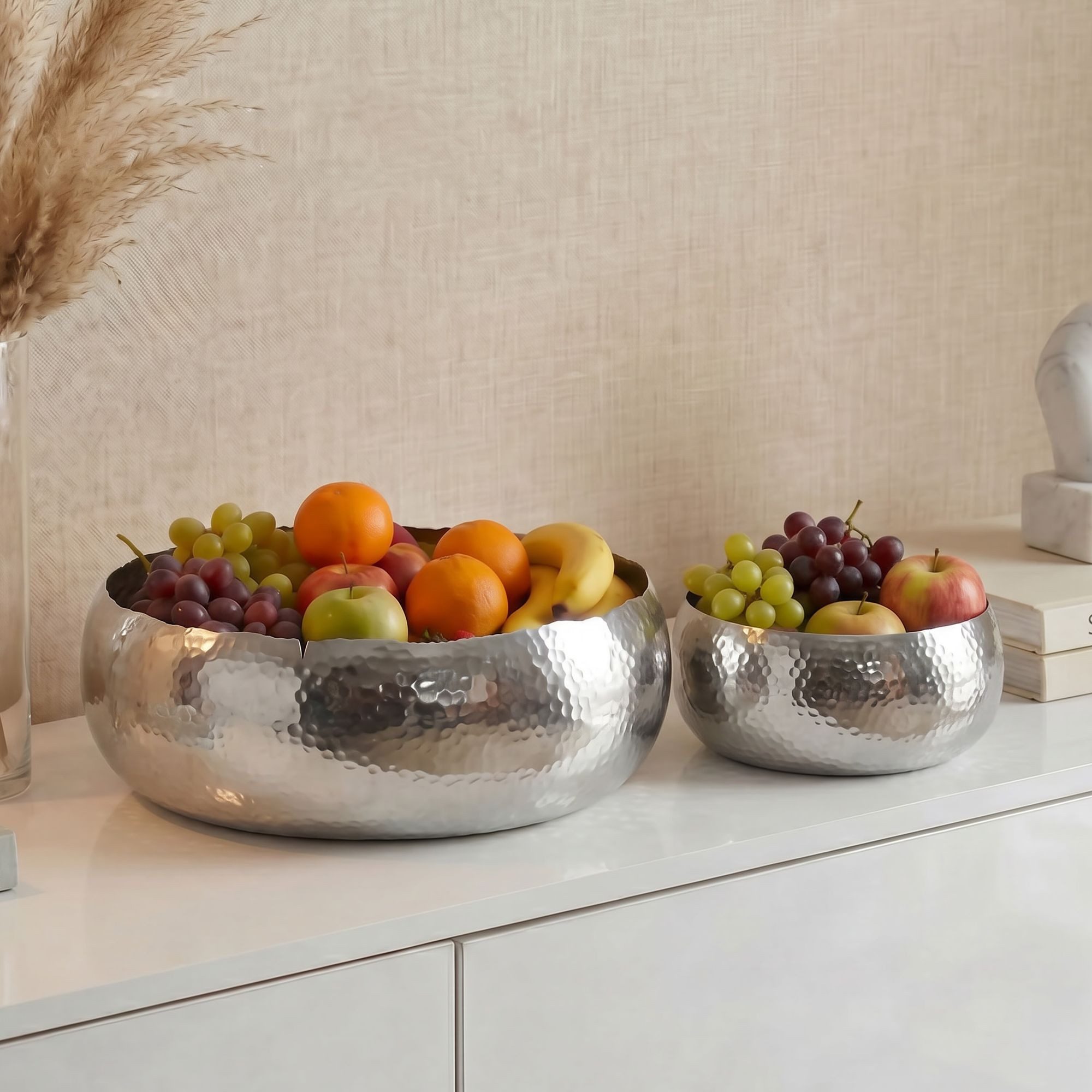 FINEBUY Obstschale FB77785 2er Set Früchteschale Silber Hammerschlag Metall Rund Schale, Aluminium, (Zweiteilige Anrichteschalen aus Aluminium), Wohnaccessoires für Früchte, Obst und Snacks