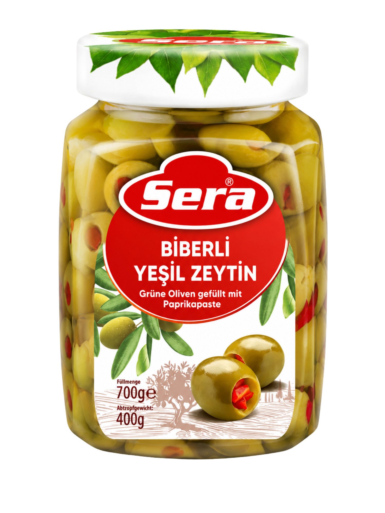 SERA FOOD Antipasti Sera Grüne Oliven mit Paprikapaste gefüllt 700g, 1 x 7000 g, Knackige Mediterrane Paprika-Oliven im Vorratsglas