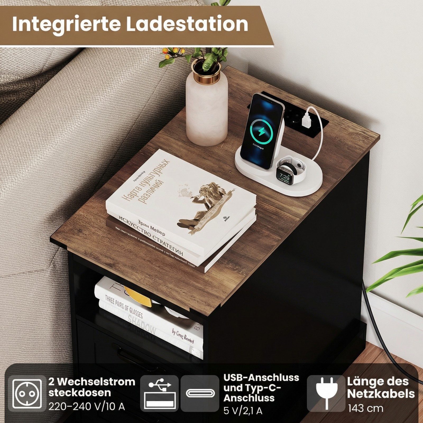 COSTWAY Beistelltisch, mit Ladestation, Nachttisch mit 2 Schubladen