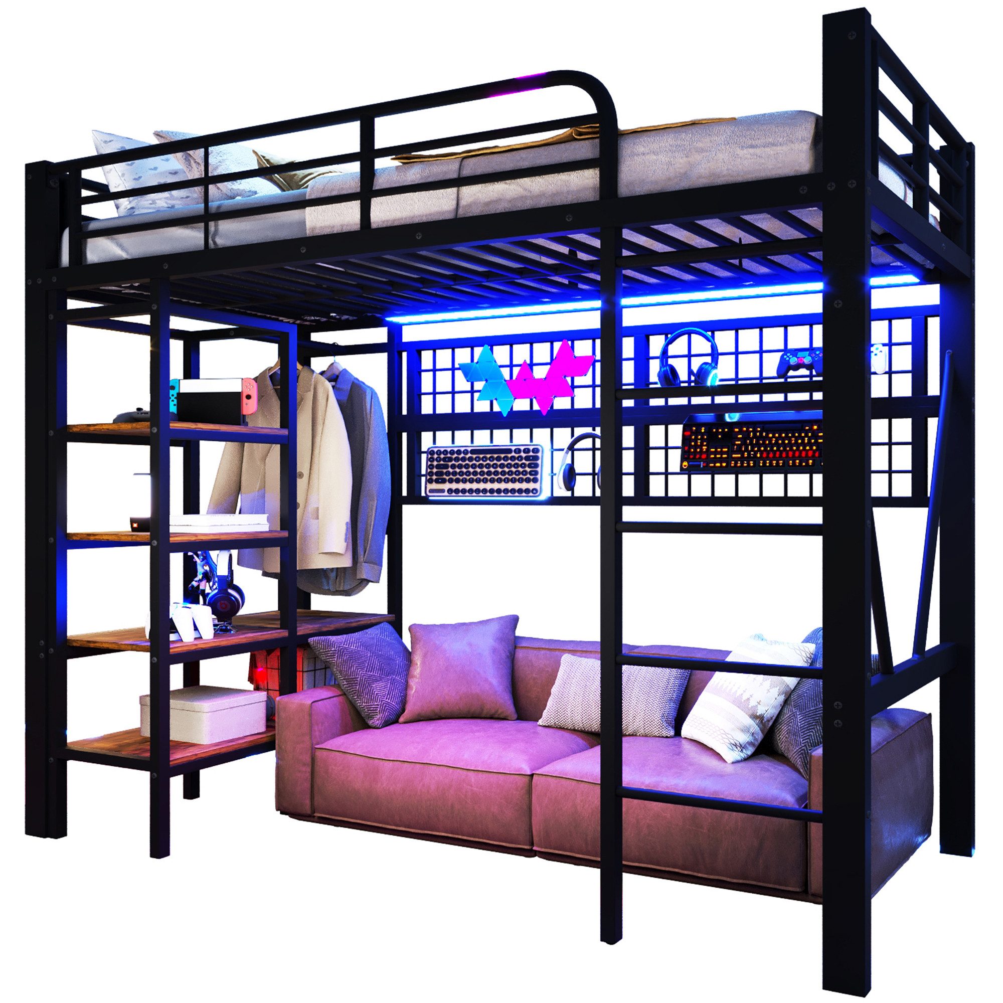 BlingBin Hochbett Jugendbett Kinderbett Funktionsbett mit LED-Beleuchtung (Einzelbett, 1-St., mit Ablagefach, Gegenständen, Kleiderstange und offener Raum) 90 x 200 cm, Ohne Matratze, Schwarz