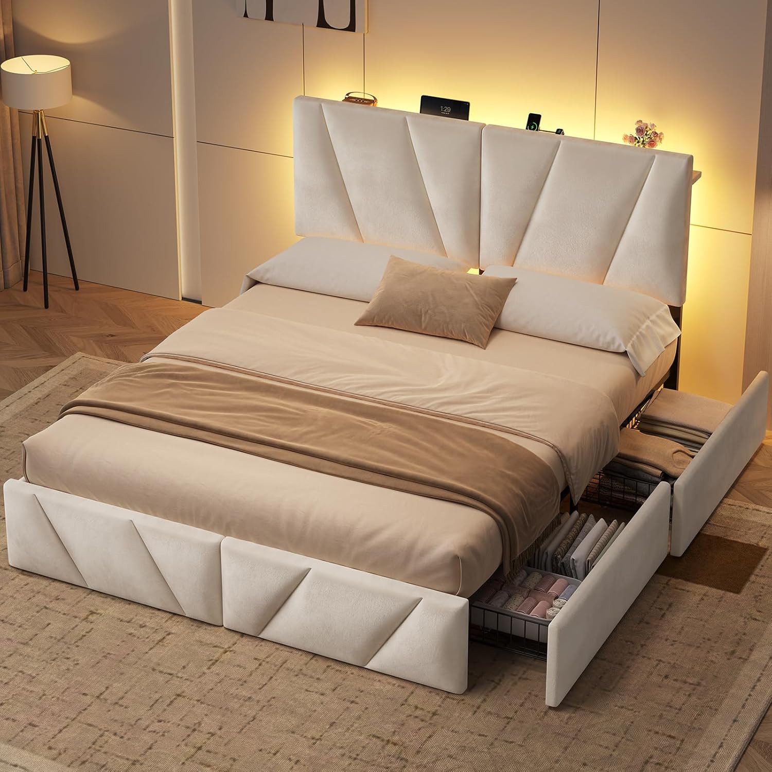 KIMENICH Polsterbett mit 4 Schubladen, Steckdose & LED-Lichtband, Doppelbett, Schlafzimmer Stauraumbett, Beige Samt