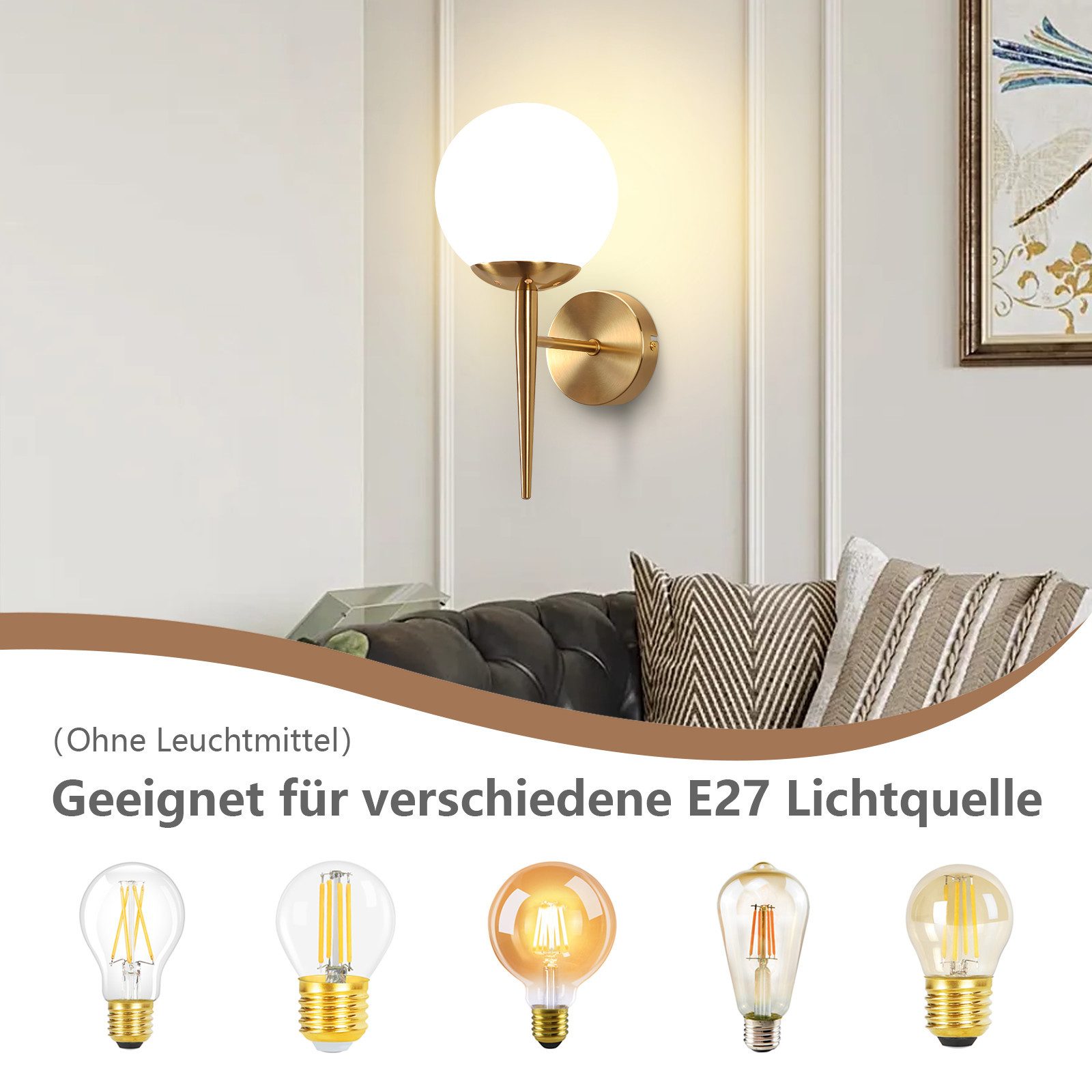 Nettlife Wandleuchte Wandleuchte Vintage Gold Glaskugel E27, LED wechselbar günstig online kaufen