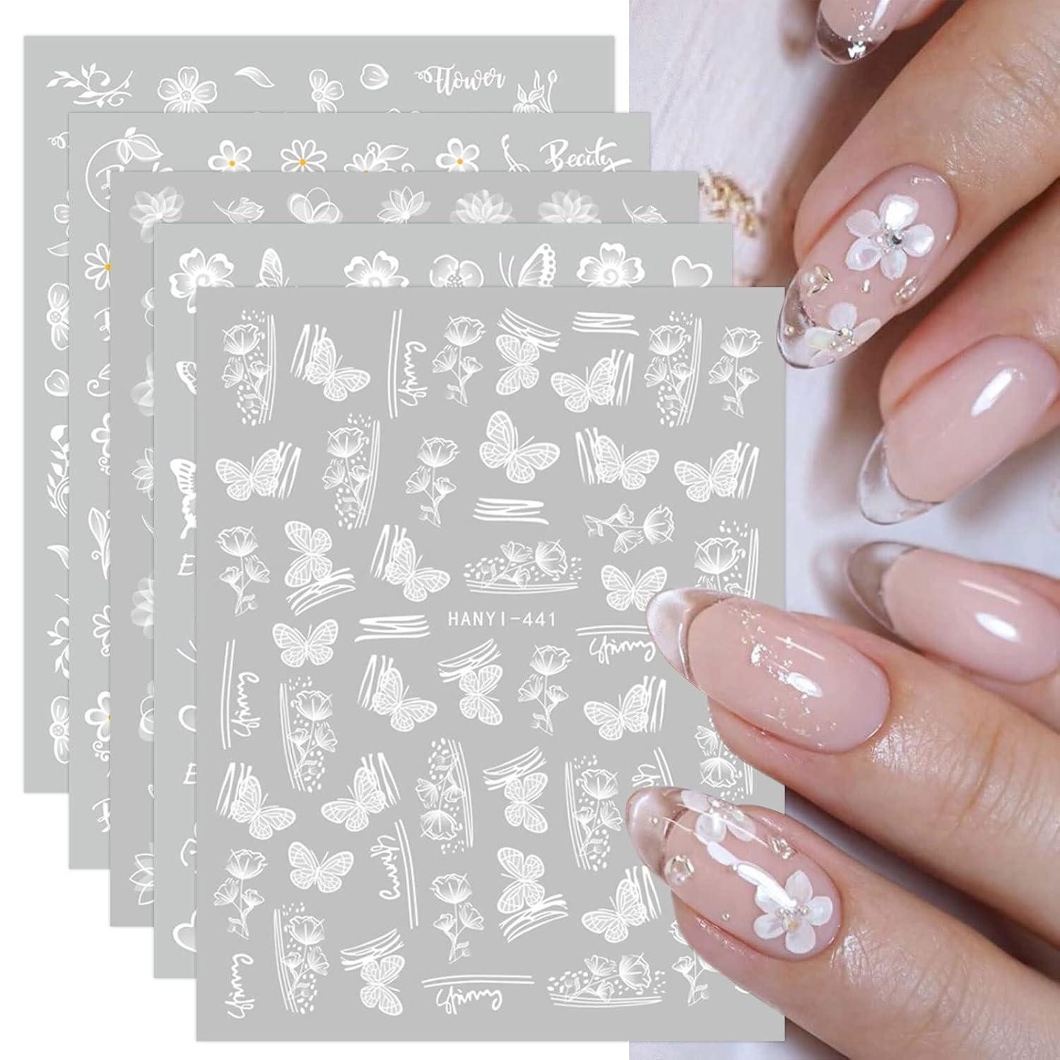 LuxusKollektion Nageldesign Zubehör Nagelsticker Weiß Blumen Schmetterling 12 Blatt selbstklebend