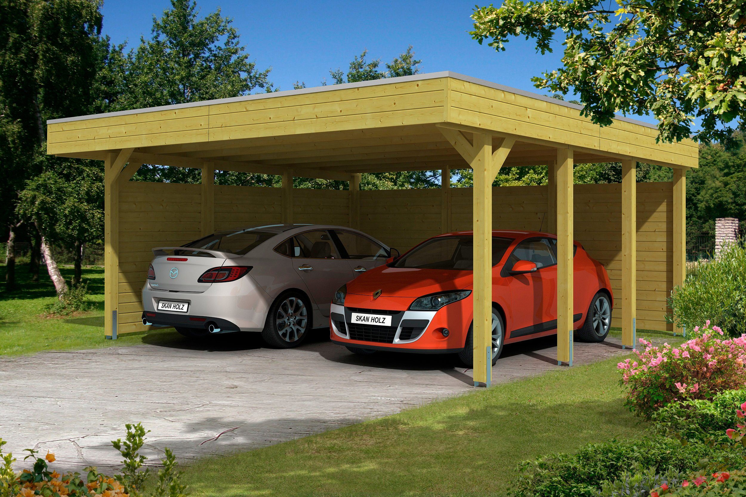 Skanholz Doppelcarport Friesland 3, BxT: 557x555 cm, 210 cm Einfahrtshöhe,  (Set), mit Seiten- und Rückwänden, Mit H-Pfostenanker, max. Schneelast: 125  kg/m²