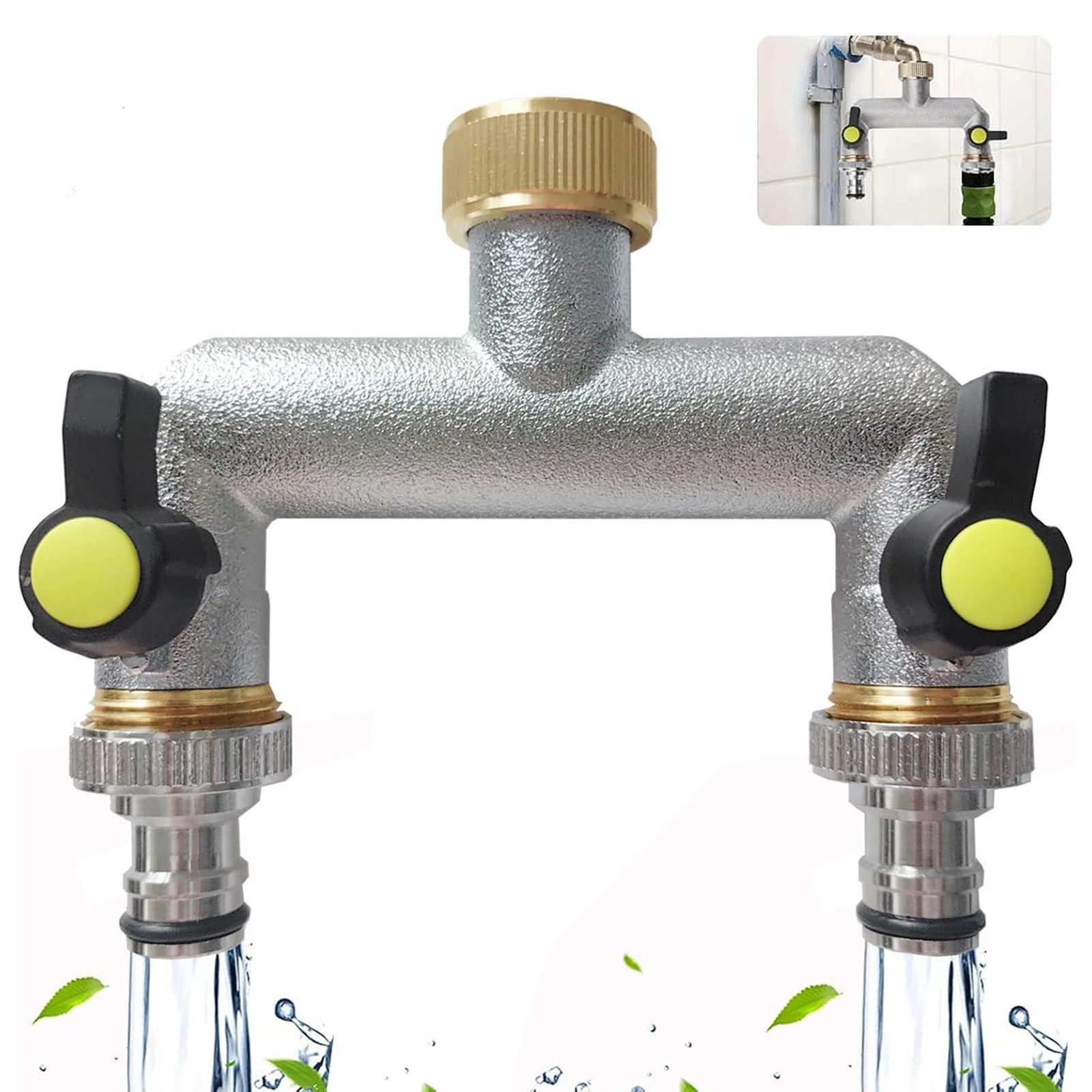 BlingBin 2-Wege Verteiler Wasserhahn Wasserverteiler, 3/4" Schlauch Wasseranschluss Adapter, (Wasserverteiler aus Zinklegierung, 1-tlg., 1 Stück), Verteiler 1/2" mit Kugelhahn für Wasserflusses Einstellen & Absperren