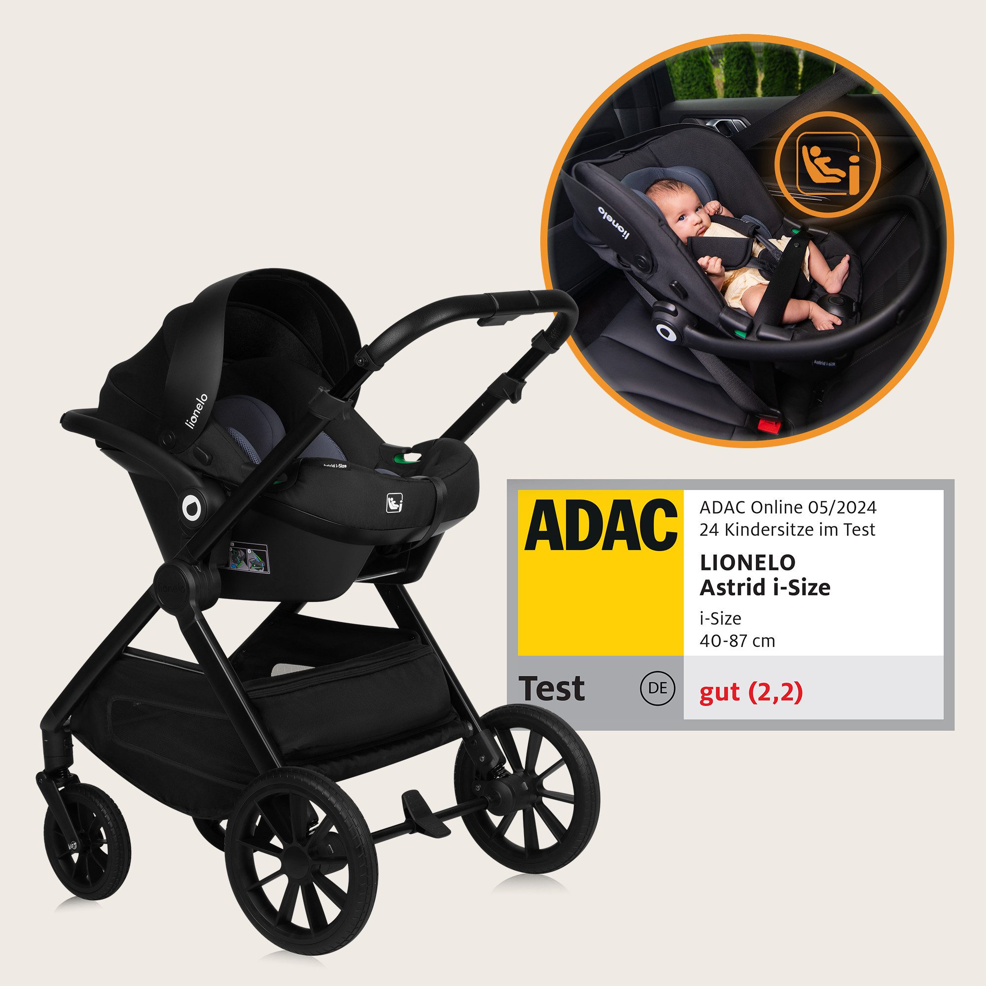 lionelo Kombi-Kinderwagen LAYLA 3IN1, (Set), 3D-Panoramabelüftung/ XXL-Sitz/ komfortable Federung