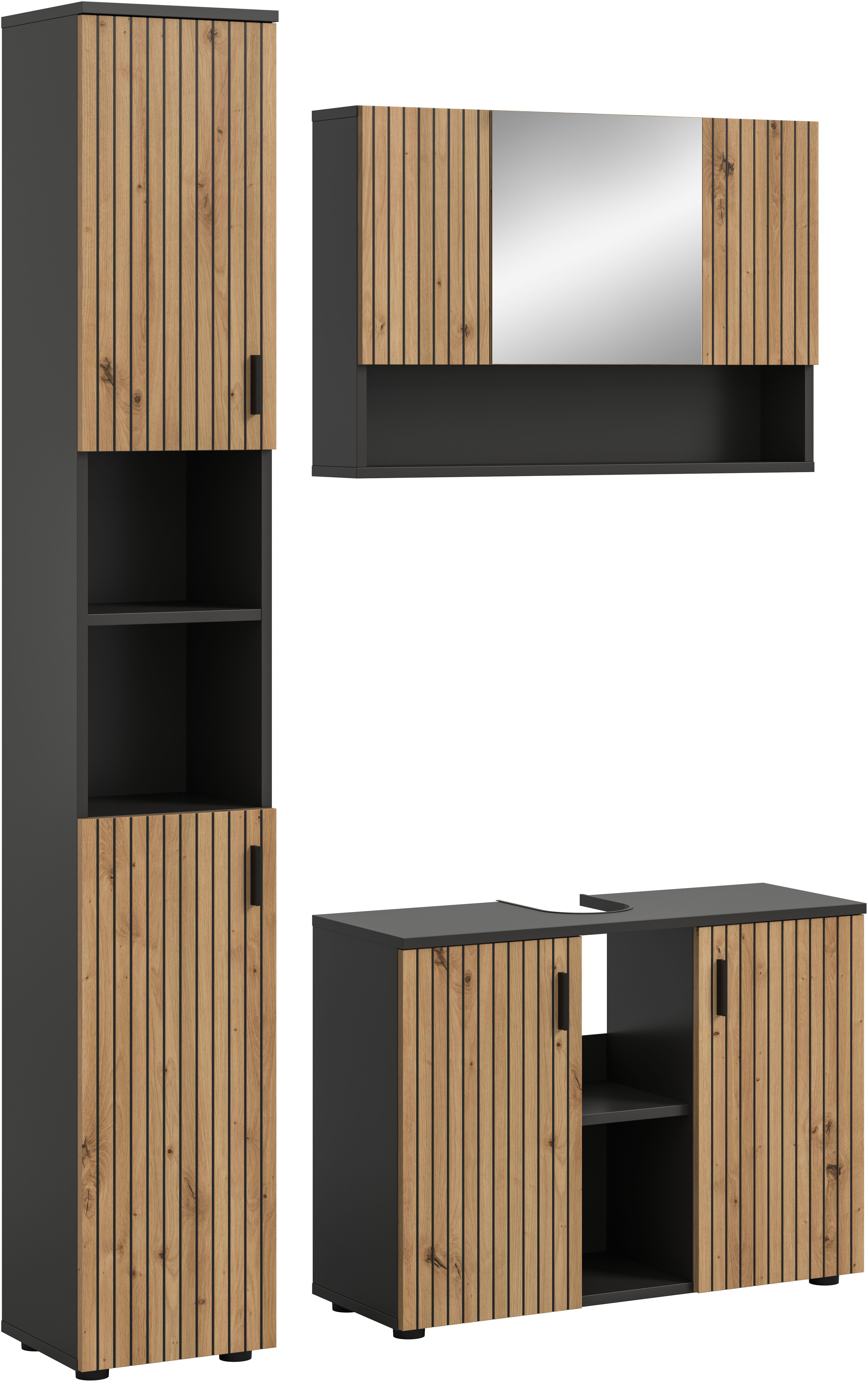 welltime Badmöbel-Set MANI, 3-tlg. Badkombination, Paneeloptik, (Set, 3-St., Set, best, aus: 1Badschrank,1Spiegelschrank,1Waschbeckenunterschrank), Bad-Kombination, Bad-Möbel, Badezimmer, Kombination, Kombi