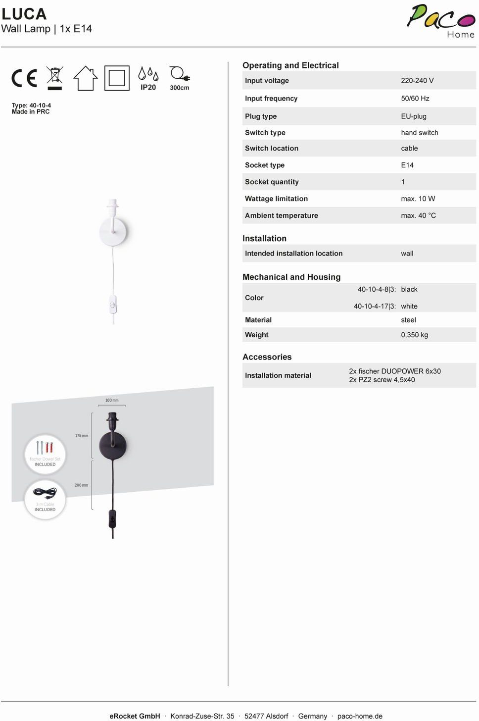 Schmetterling 220, 3m Kinderzimmer E14 Paco Leuchtmittel, ohne Lampe Home âˆ…18cm Stecker Cosmo Kabel Wandleuchte