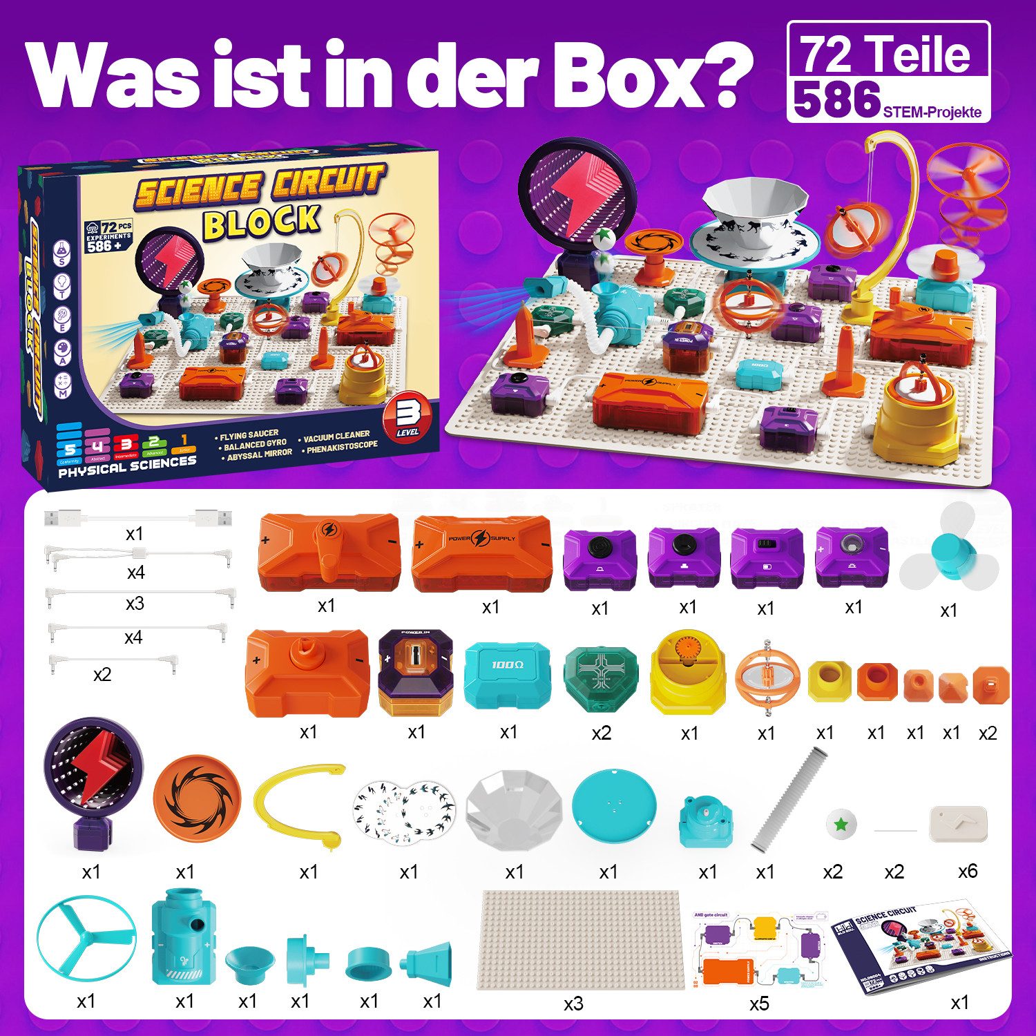Esun Experimentierkasten Elektronik Baukasten, Experimente für Kinder, 72 STEM Physikspielzeug, (Set, 72-tlg., Komplettset), Mit Lüfter, RGB-Beleuchtung Fliegen – Bild 5 von 5
