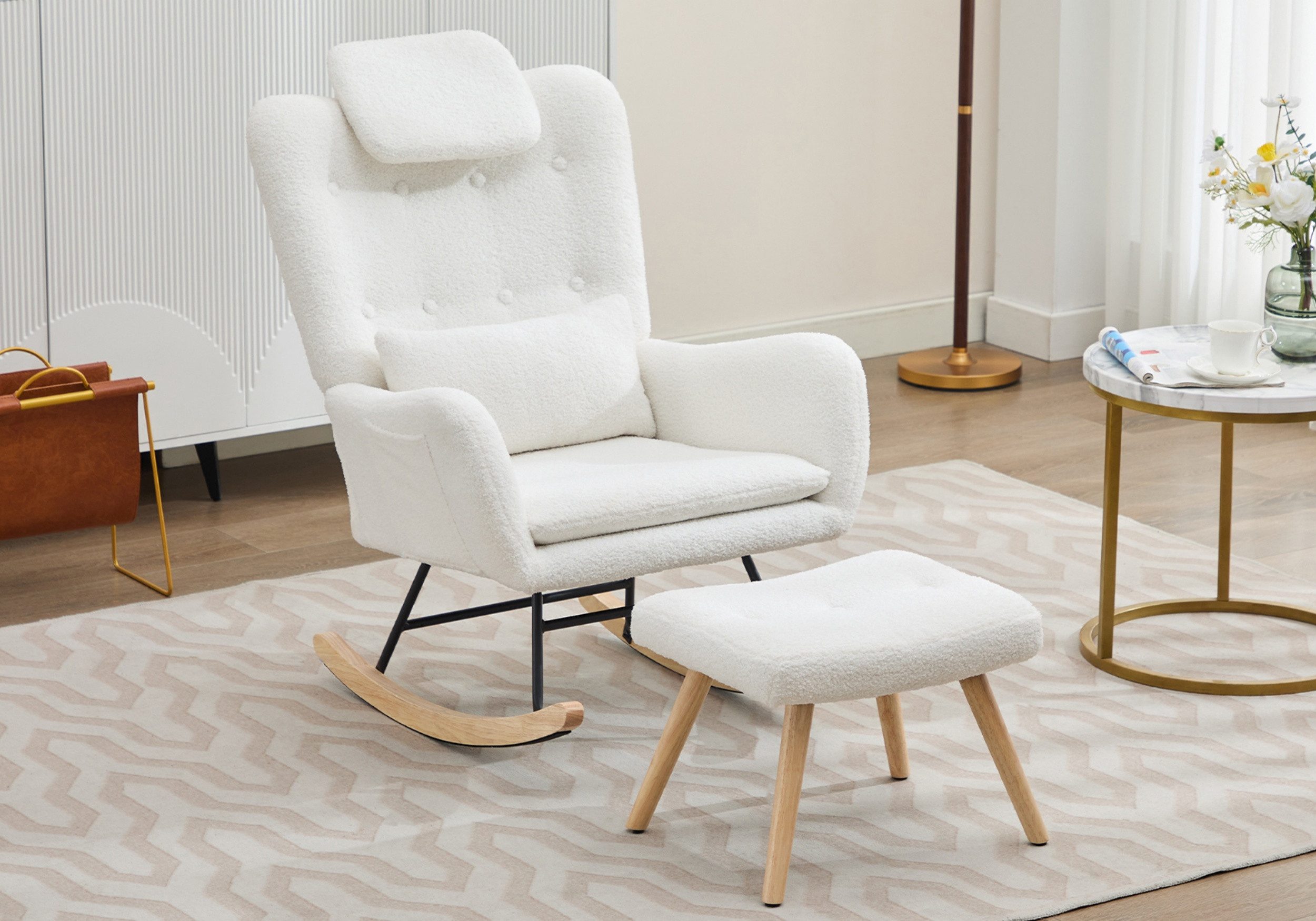 autolock Schaukelstuhl Schaukelstuhl mit Hocker Freizeitstuhl, Relaxstuhl, Liegestuhl, Teddysamtstoff Schaukelstuhl für Schlafzimmer, Wohnzimmer, Garten