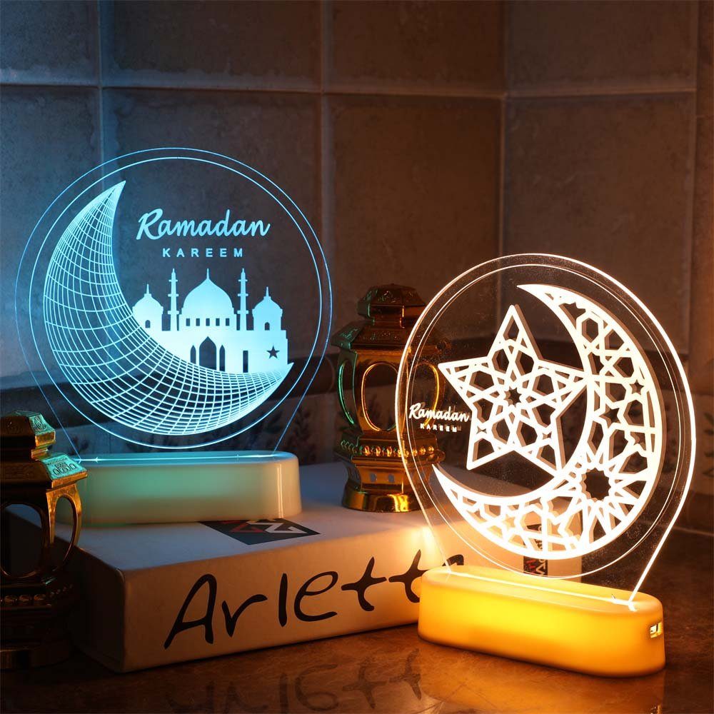 Rosnek LED Ramadan Farbwechsel, 3D Fest Islam Deko, Batterie/USB, Illusion, 7 Eid Nachtlicht Fernbedienung