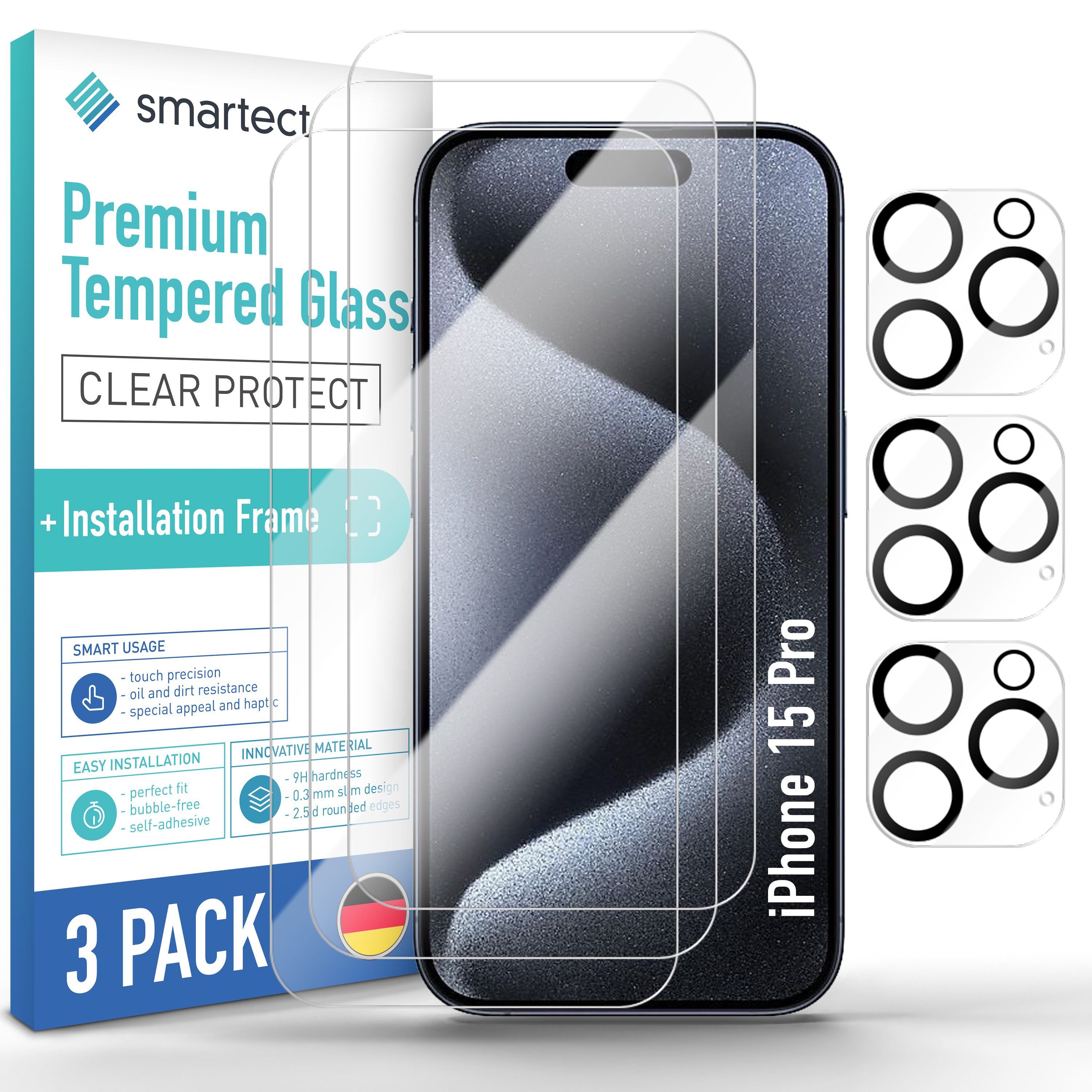 smartect Displayschutzglas Schutzglas Panzerfolie Klar für iPhone 15 Pro, Set, 3 Stück, (Display + Kamera) Schutzfolie inkl. Anbringhilfe