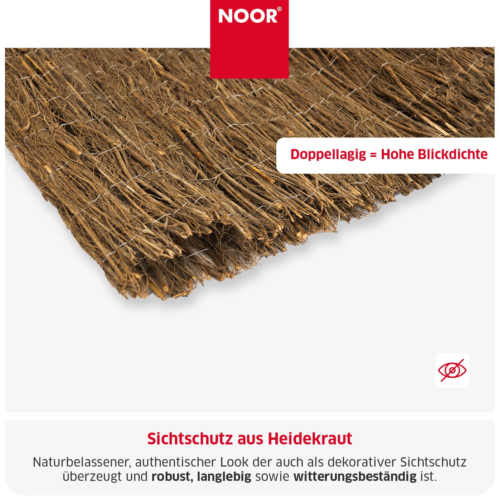 NOOR Sichtschutzzaunmatten Heidematte HAWAII - extra dicht aus Heidekraut, natürlicher Sichtschutz für Garten, Balkon und Terrasse
