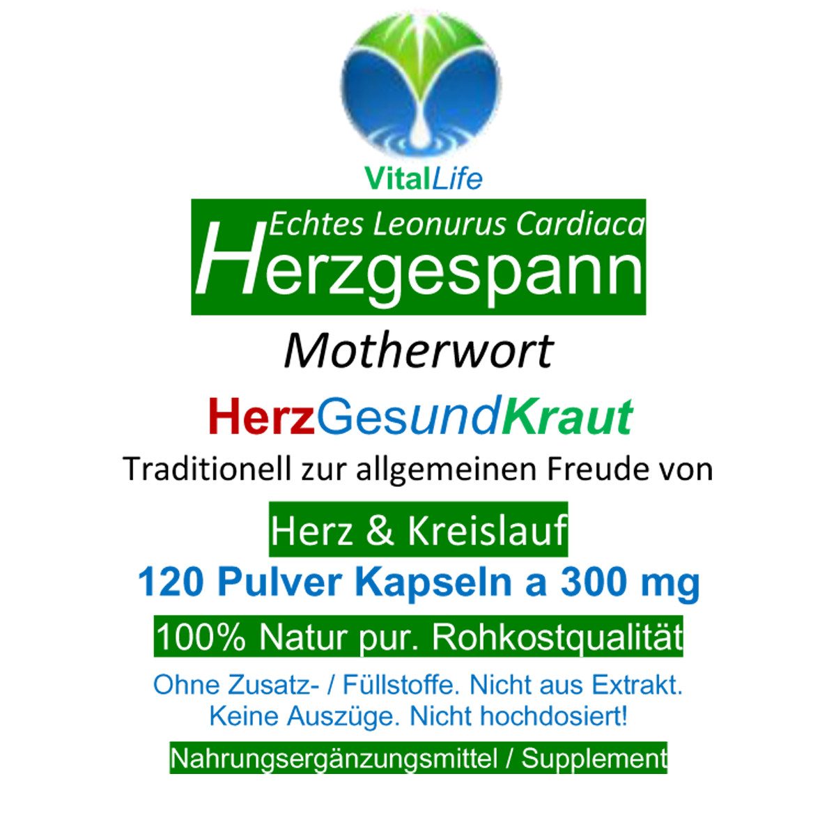 VitalLife Echtes Herzgespannkraut Herzgepann nach Hildegard von Bingen Kapseln, 1 er Dose à 120 St., 36 g, Art. 26865-120
