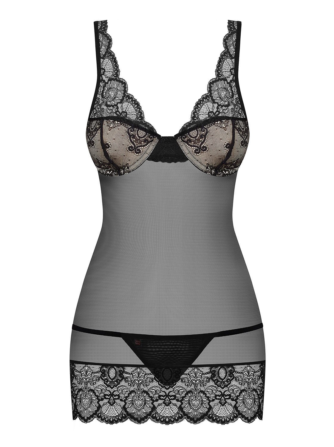 Obsessive Babydollkleid Damen Dessous Chemise mit Bügel-Cups und String in schwarz Spitze