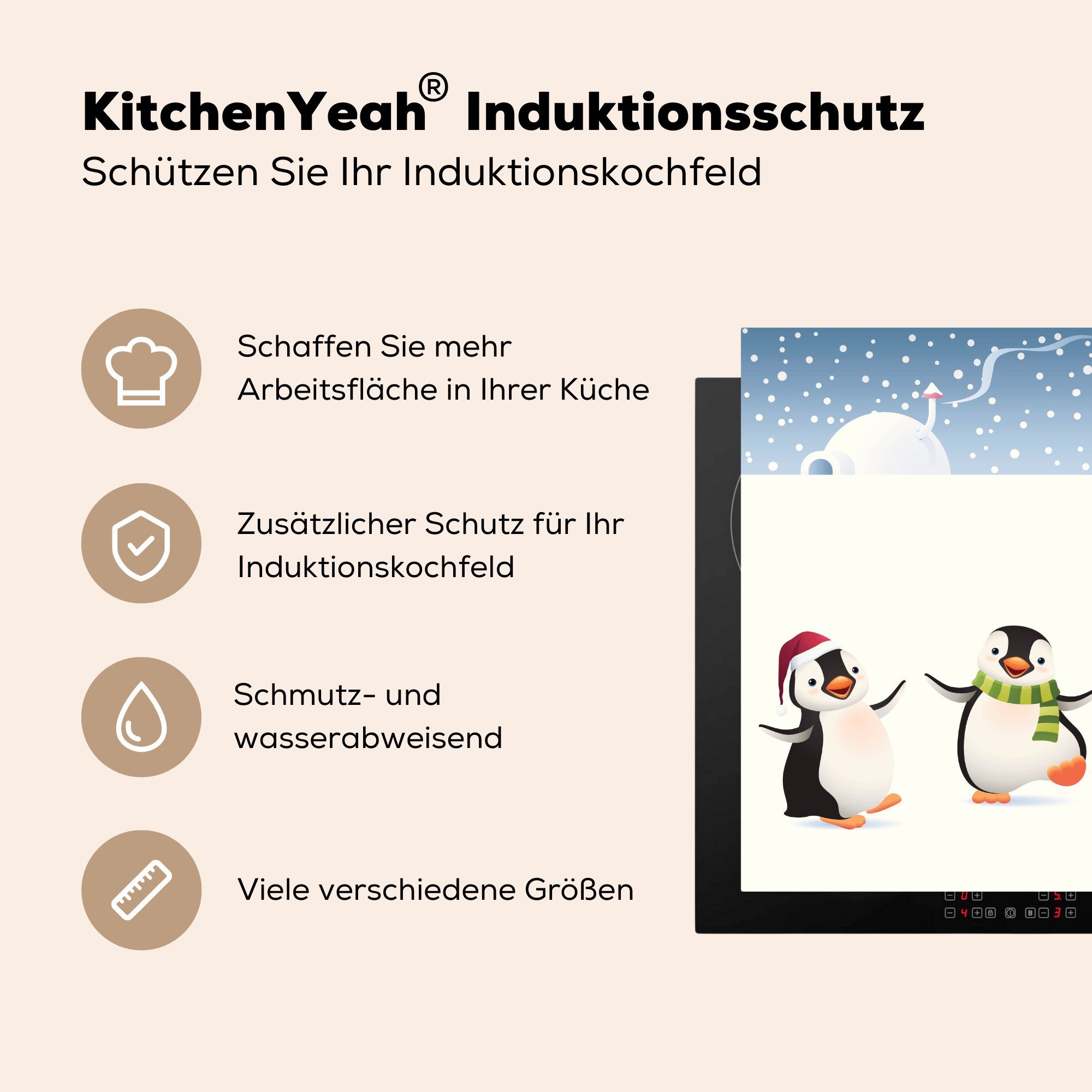 MuchoWow Herdblende-/Abdeckplatte 78x78 tanzenden cm, Illustration für küche im (1 Arbeitsplatte Vinyl, mit Pinguinen, drei tlg), Ceranfeldabdeckung, Schnee