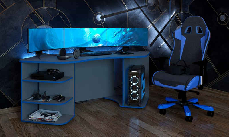 Interdesign24 Gamingtisch Xeno, in Anthrazit/Blau für mehrere Monitore