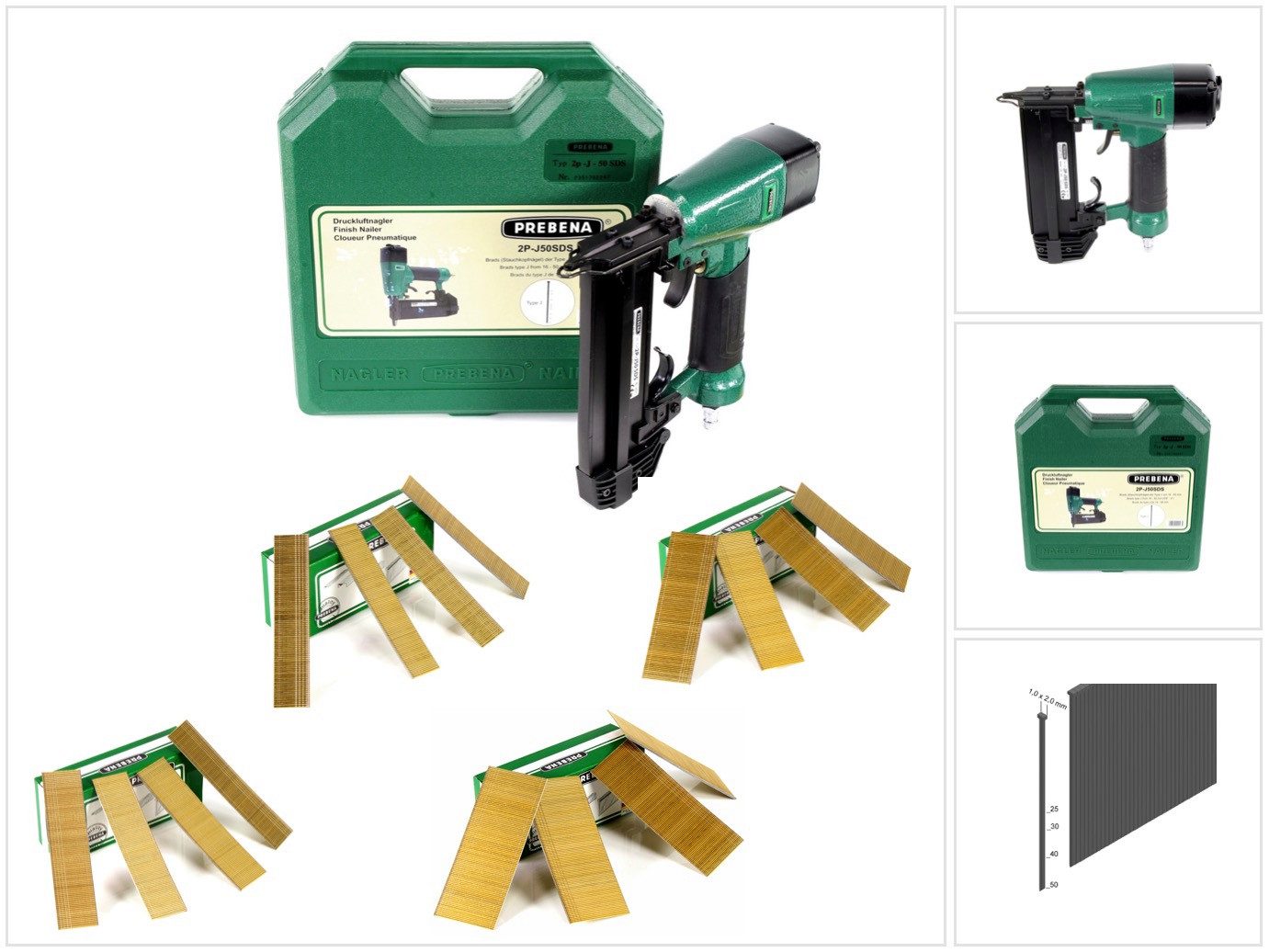 Prebena Druckluft-Nagler 2P-J50SDS Luftdruck Druckluftnagler 5-7 bar im Transportkoffer + Stau