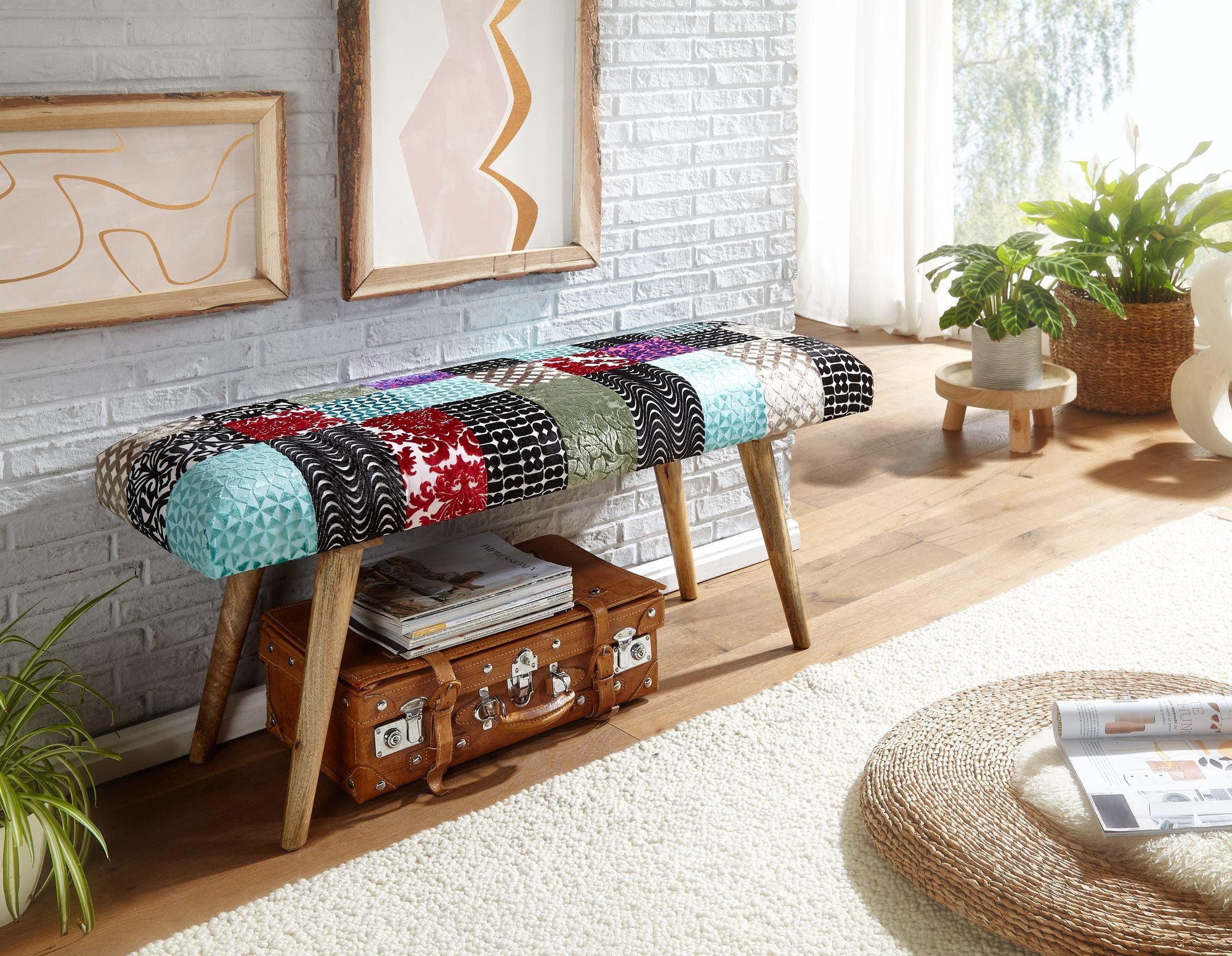FINEBUY Polsterbank FB71800 Sitzbank Bettbank Samt 117 cm Patchwork Flurbank Bank (Stoff / Massivholz Bank 117x51x38 cm Retro), Bettbank Patchwork, Stoffbank Flurbank ohne Lehne