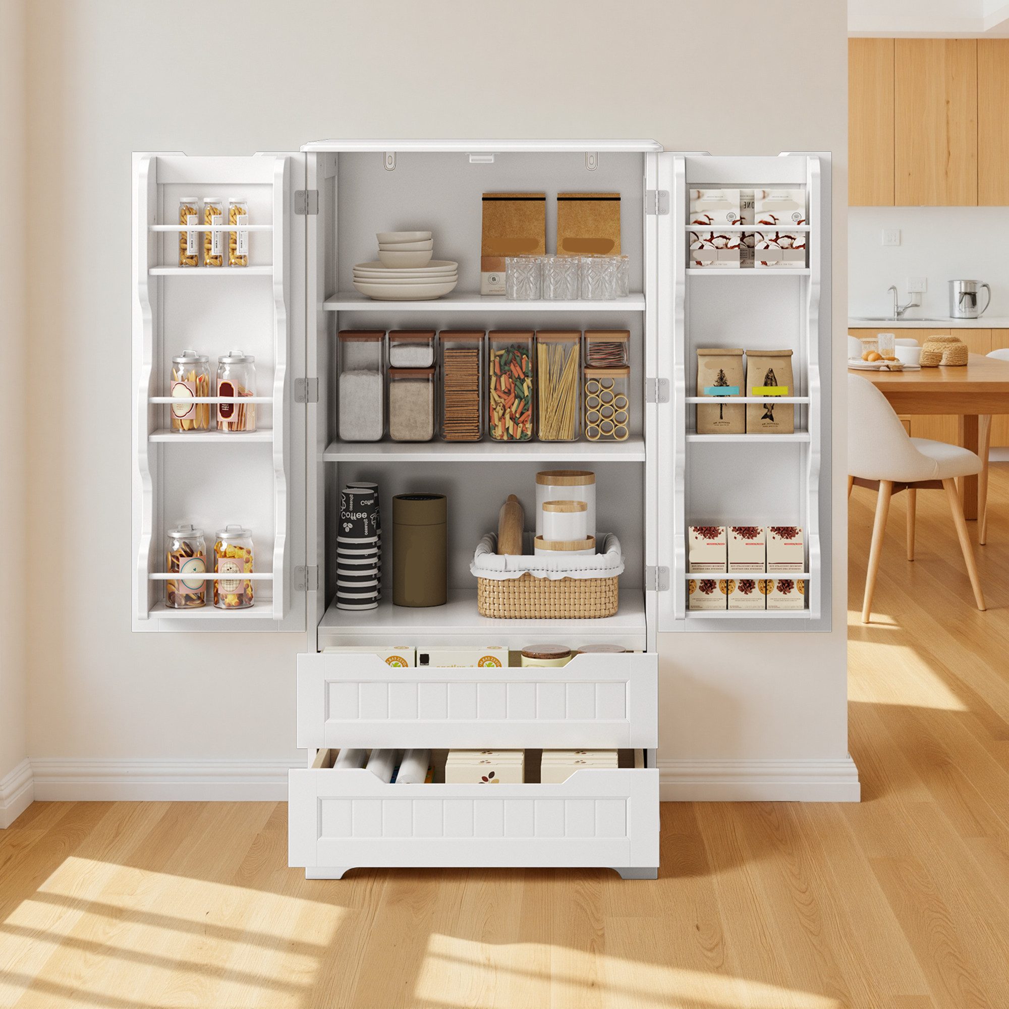 Bealife Highboard Küchenschrank, verstellbare Regalebene,mit 2 Schubladen 2 Türen,Weiß