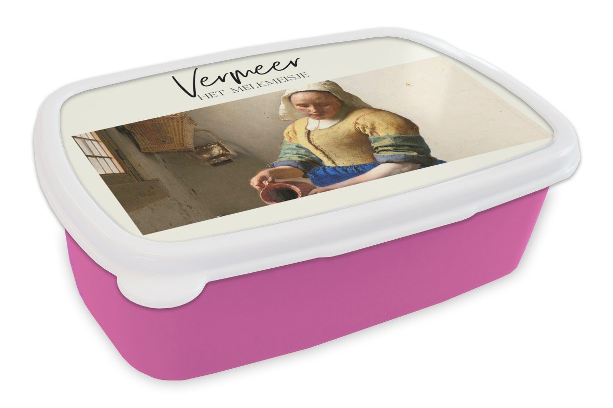 MuchoWow Lunchbox Milchmädchen - Vermeer - Alte Meister, Kunststoff, (2-tlg), Brotbox für Erwachsene, Brotdose Kinder, Snackbox, Mädchen, Kunststoff rosa